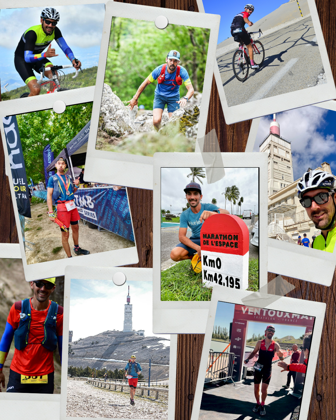Une collection de photos de courses en plein air et d'activités de sport, notamment du vélo, de la course à pied, et un marathon dans différents endroits, avec des paysages variés et des participants en tenue sportive.