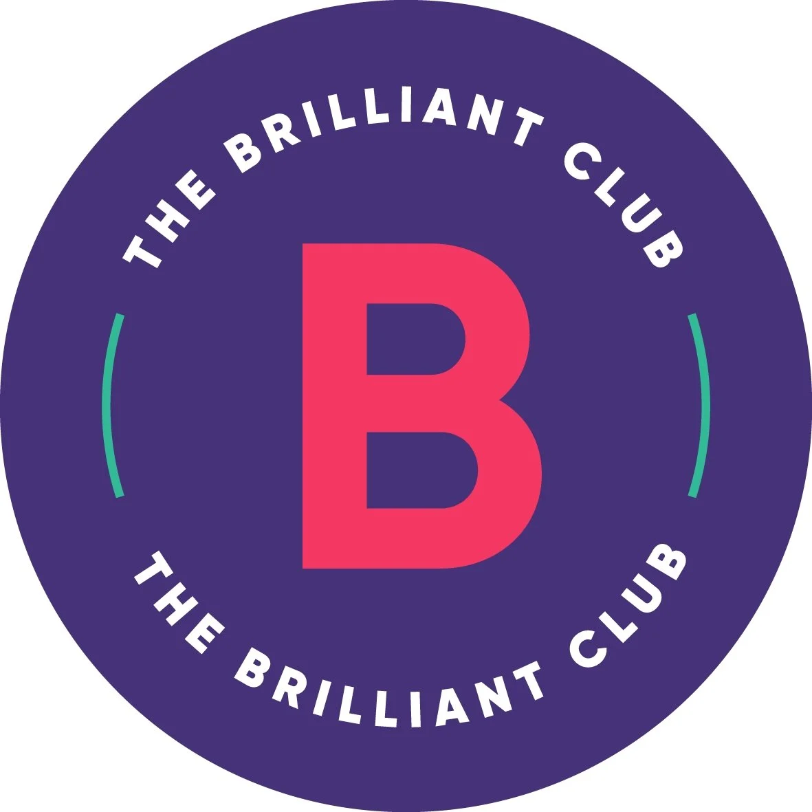 Logo of The Brilliant Club featuring a large pink letter B in the center, surrounded by a purple circle with white text around the edge reading 'The Brilliant Club' twice, and two small teal curved lines.