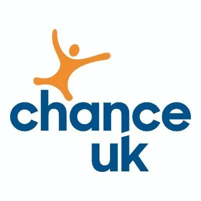 Logo of Chance UK, featuring an orange stylized human figure jumping above the words 'chance uk' in blue text.