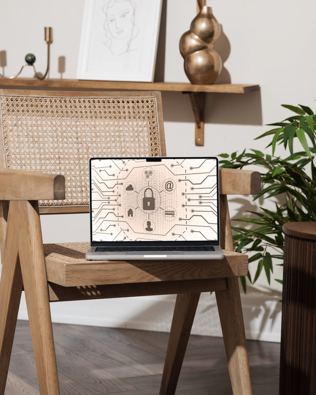Laptop on wooden chair displaying icons representing cybersecurity, privacy, and digital security in a modern living room with plants and decorative art.