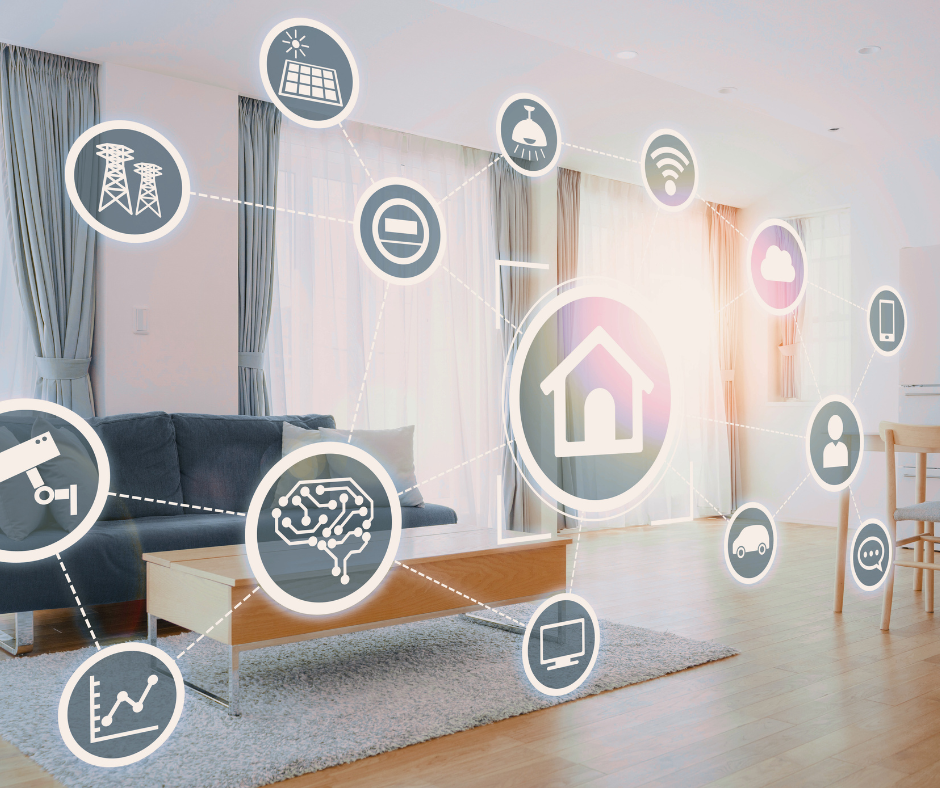 Smart home living room with digital icons representing energy, security, internet, and automation connected to various devices