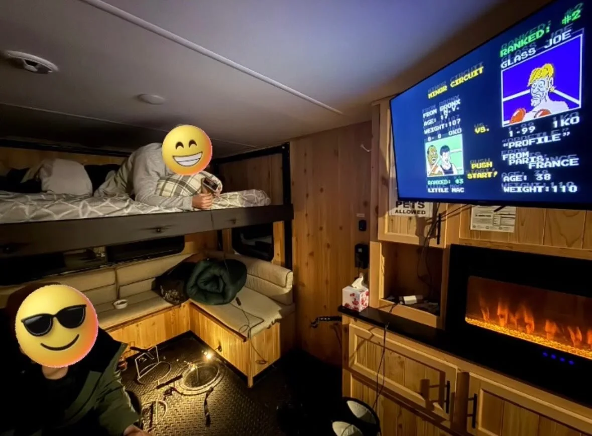 If you choose to rent from 
Fisher Outfitters THIS COULD BE YOU! 
Imagine, fishing AND gaming from your bed. Don&rsquo;t forget to crank up the thermostat and turn on the fireplace to keep warm on those cold nights.

We have a few weekends still open