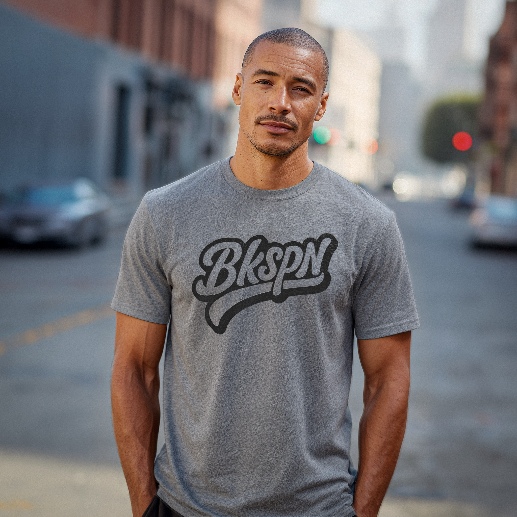 Womens model wearing BKSPN grey DJ t-shirt with black lettered logo standing in the streets of Los Angeles