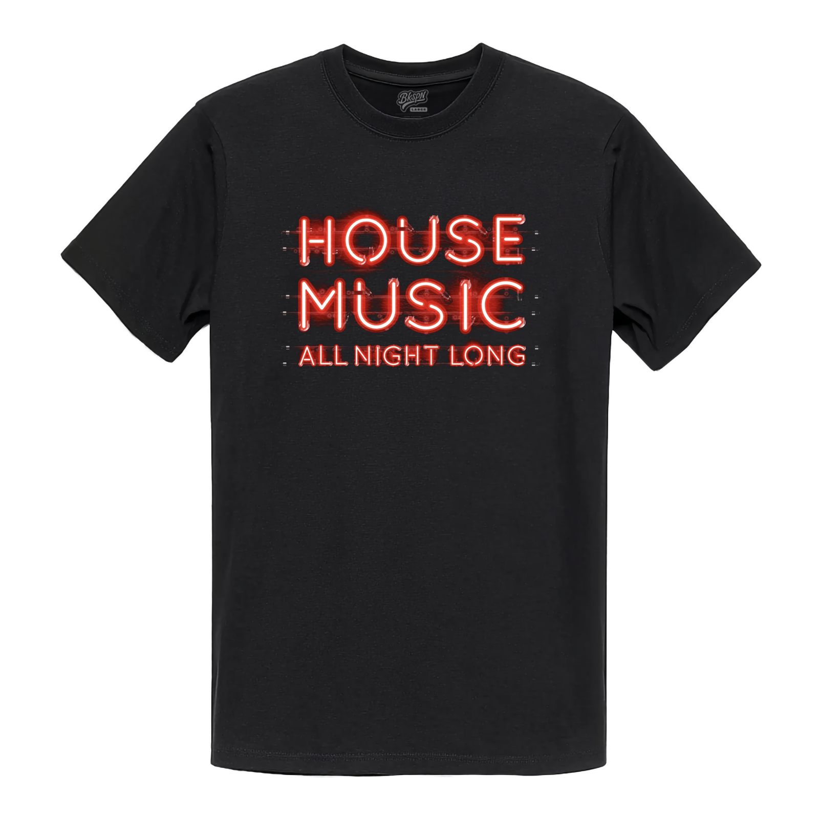 Black t-shirt with neon text reading House Music All Night Long.