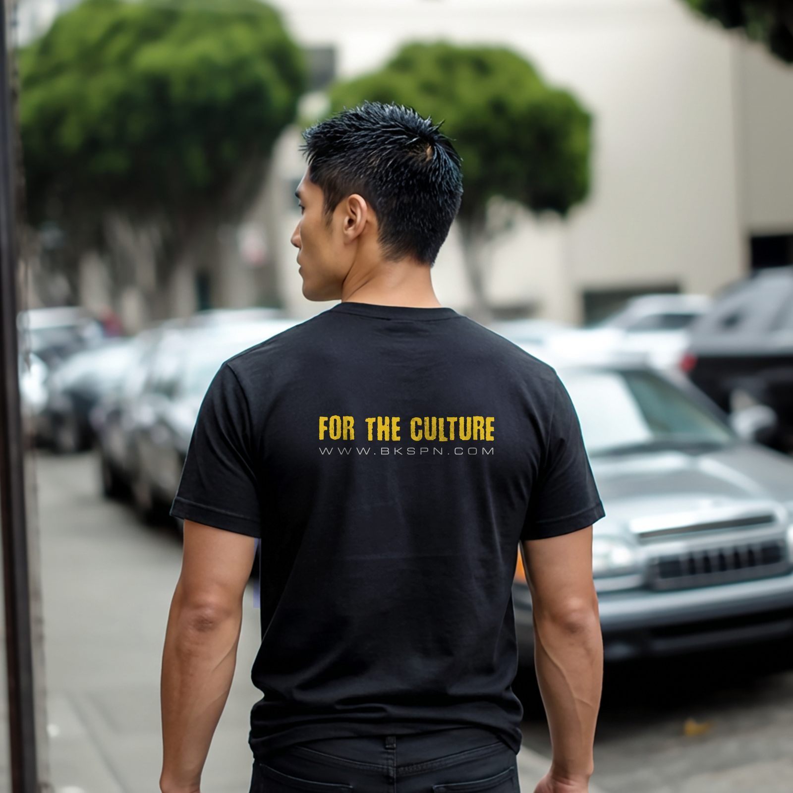 Black BKSPN Filipino pride t-shirt with sun and star logo on front and For the Culture text on back.
