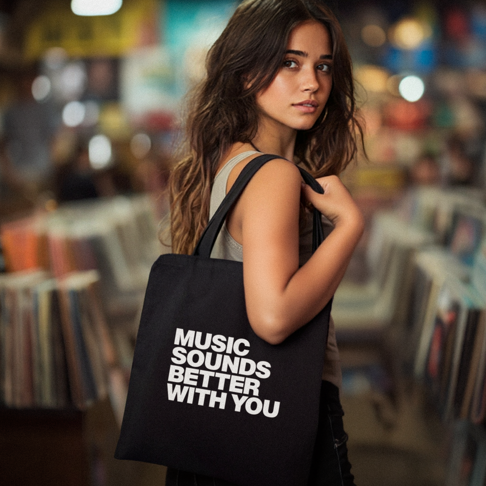 Black DJ tote bag with Music Sounds Better With You text and BKSPN record logo.