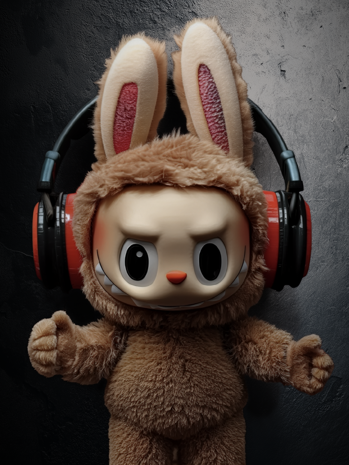 Furry plush toy with a bunny costume and large headphones, lying on a dark surface.