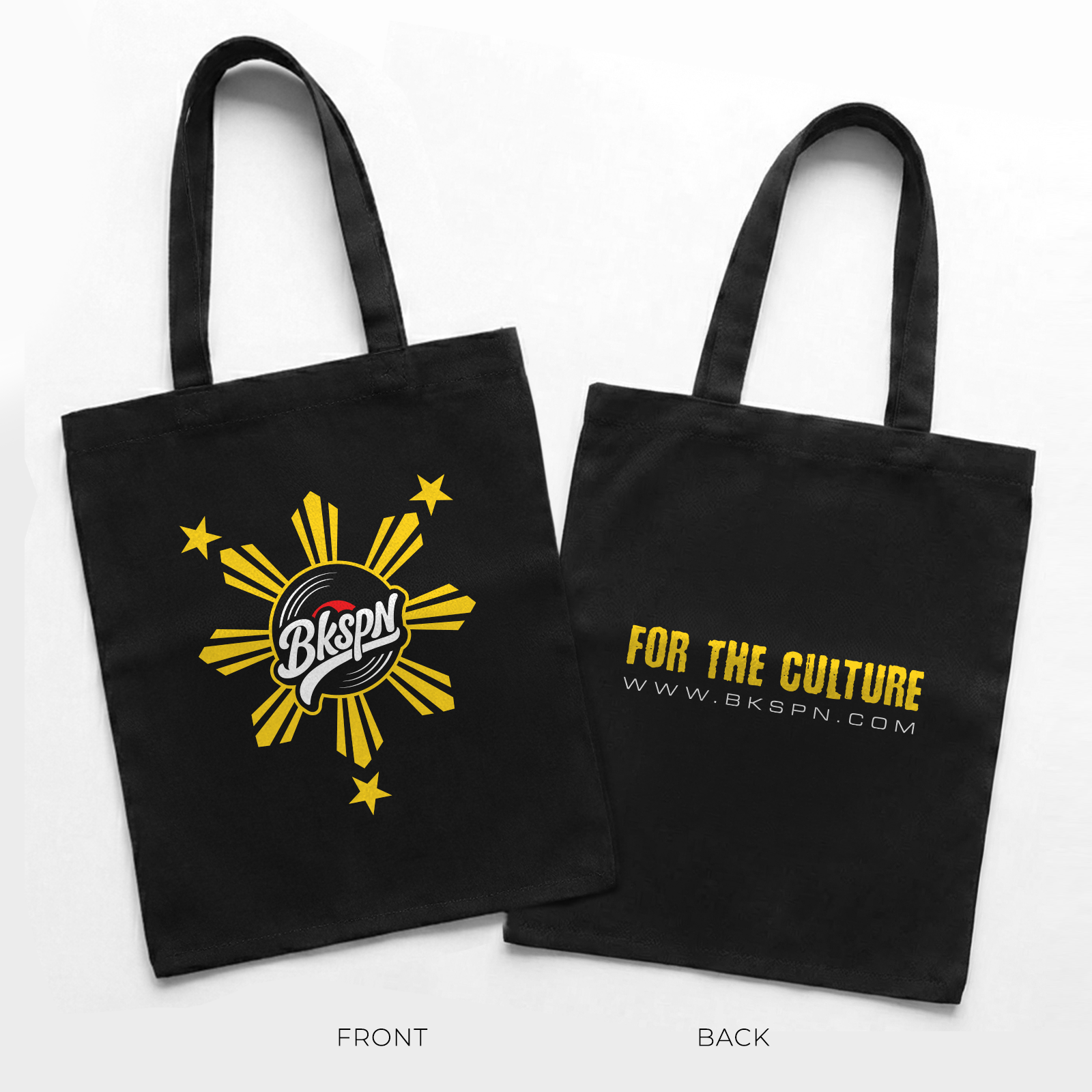 Black BKSPN Filipino pride tote bag with sun and star logo and For the Culture text.