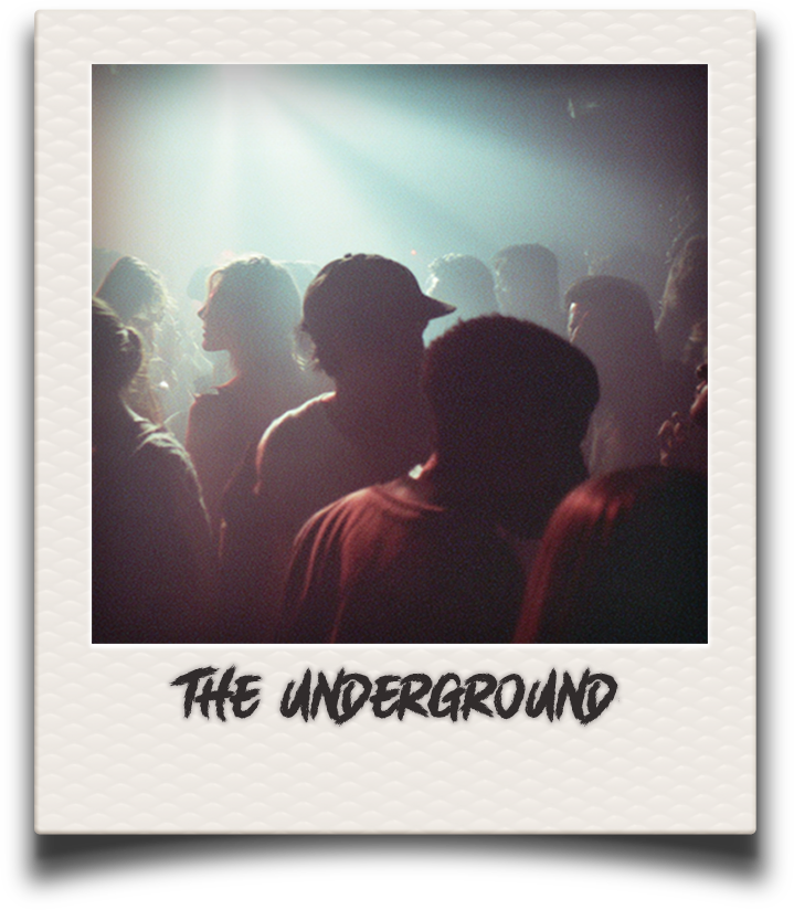 People dancing or socializing in a dimly lit underground nightclub with spotlights, emphasizing the energetic atmosphere.