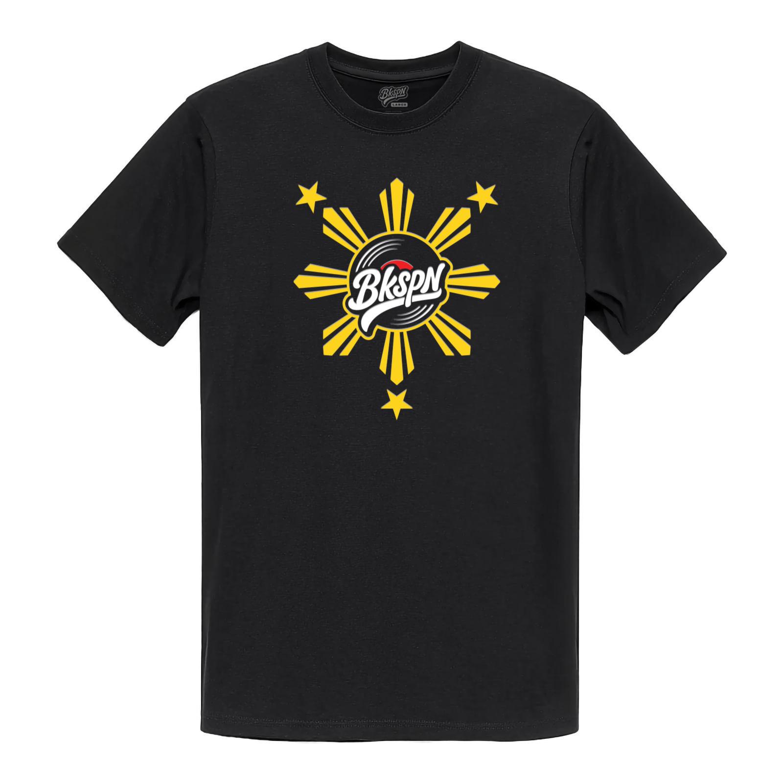 Black BKSPN Filipino pride t-shirt with sun and star logo on front and For the Culture text on back.