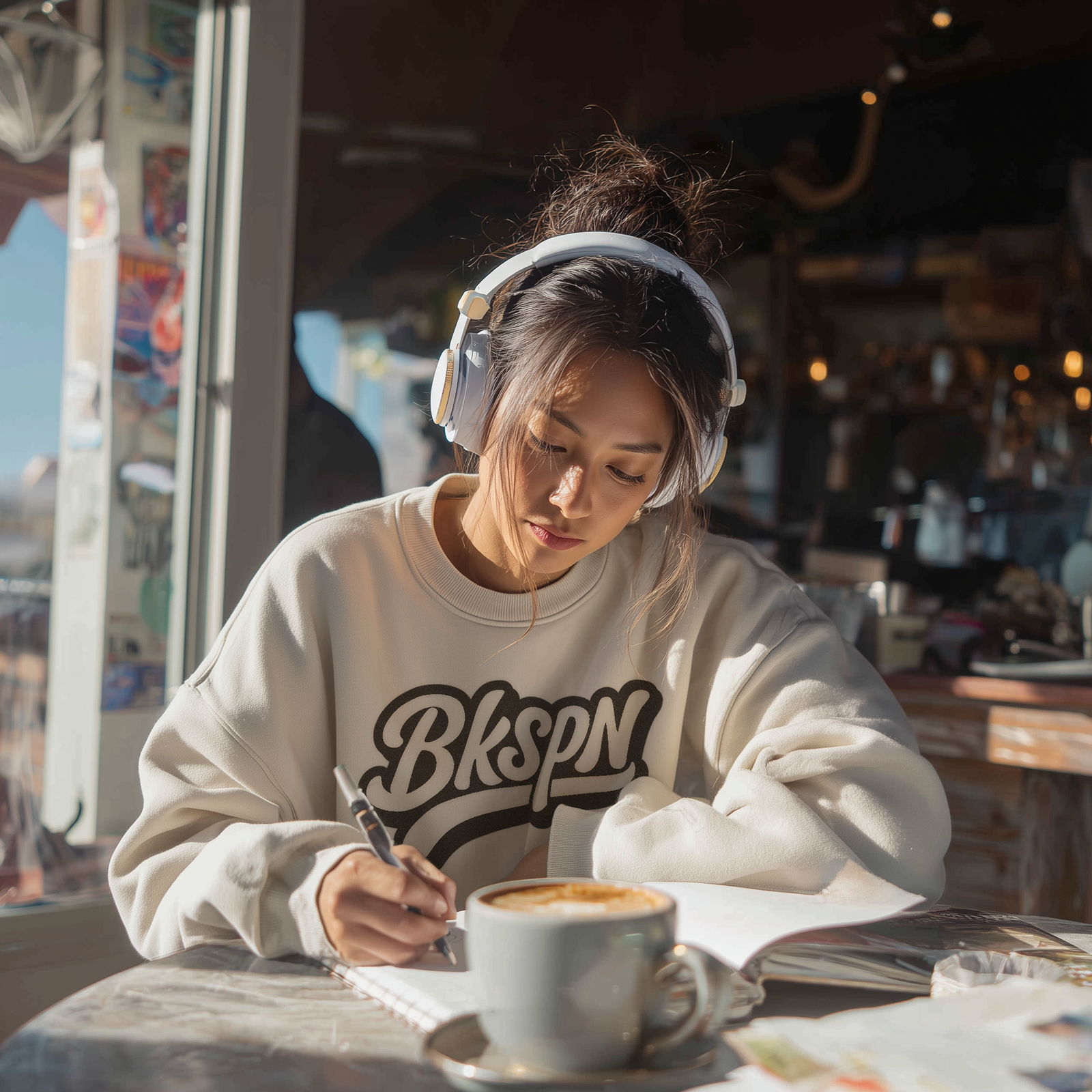 Young woman with headphones writing in a notebook at a cafe table with a coffee cup in front of her