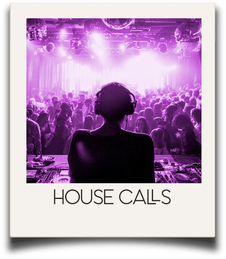 A DJ wears headphones and stands behind a mixer at a nightclub, with a large crowd dancing under purple lights.