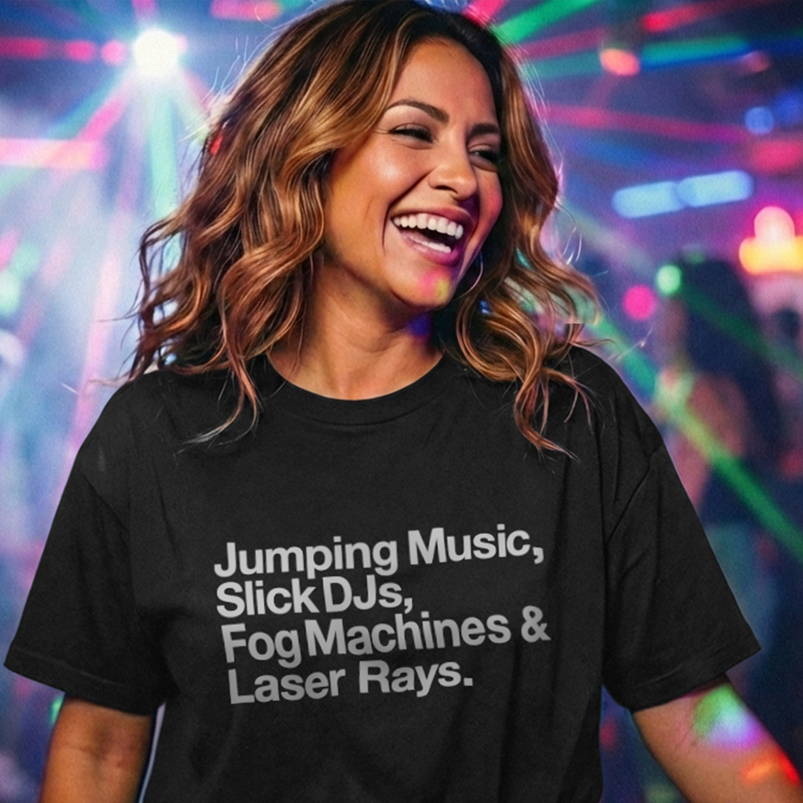 Black t-shirt with freestyle lyric text reading Jumping Music, Slick DJs, Fog Machines and Laser Rays.
