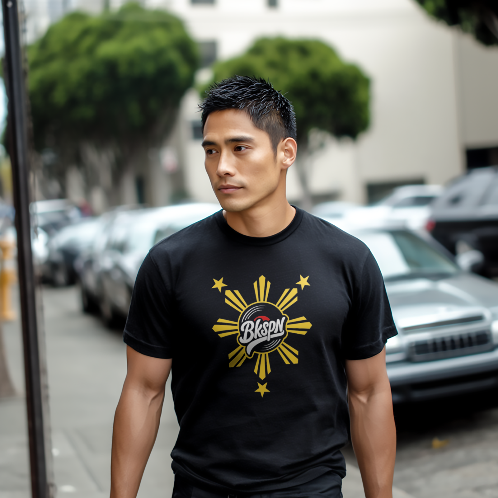 Black BKSPN Filipino pride t-shirt with sun and star logo on front and For the Culture text on back.