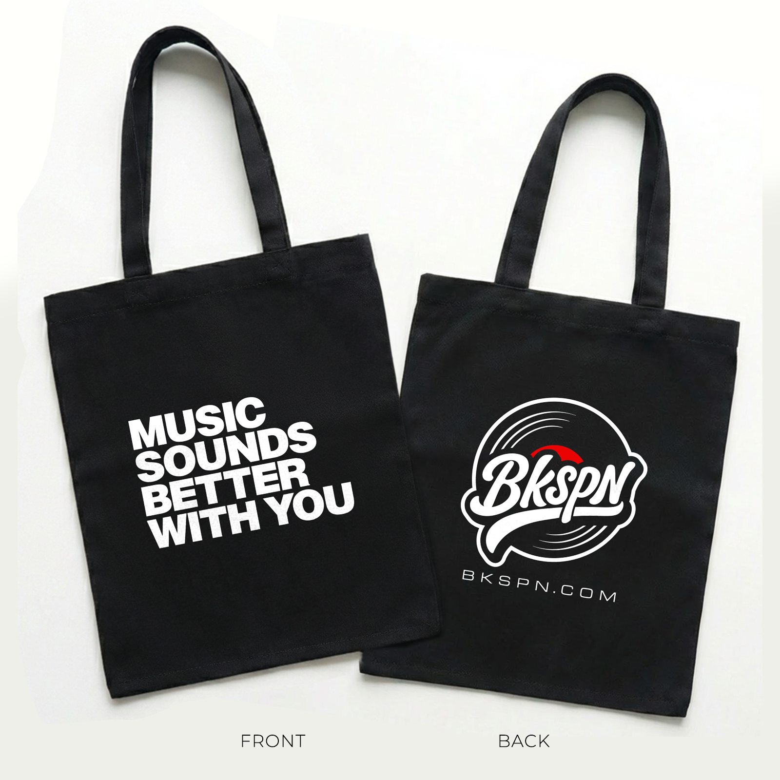 Black DJ tote bag with Music Sounds Better With You text and BKSPN record logo.