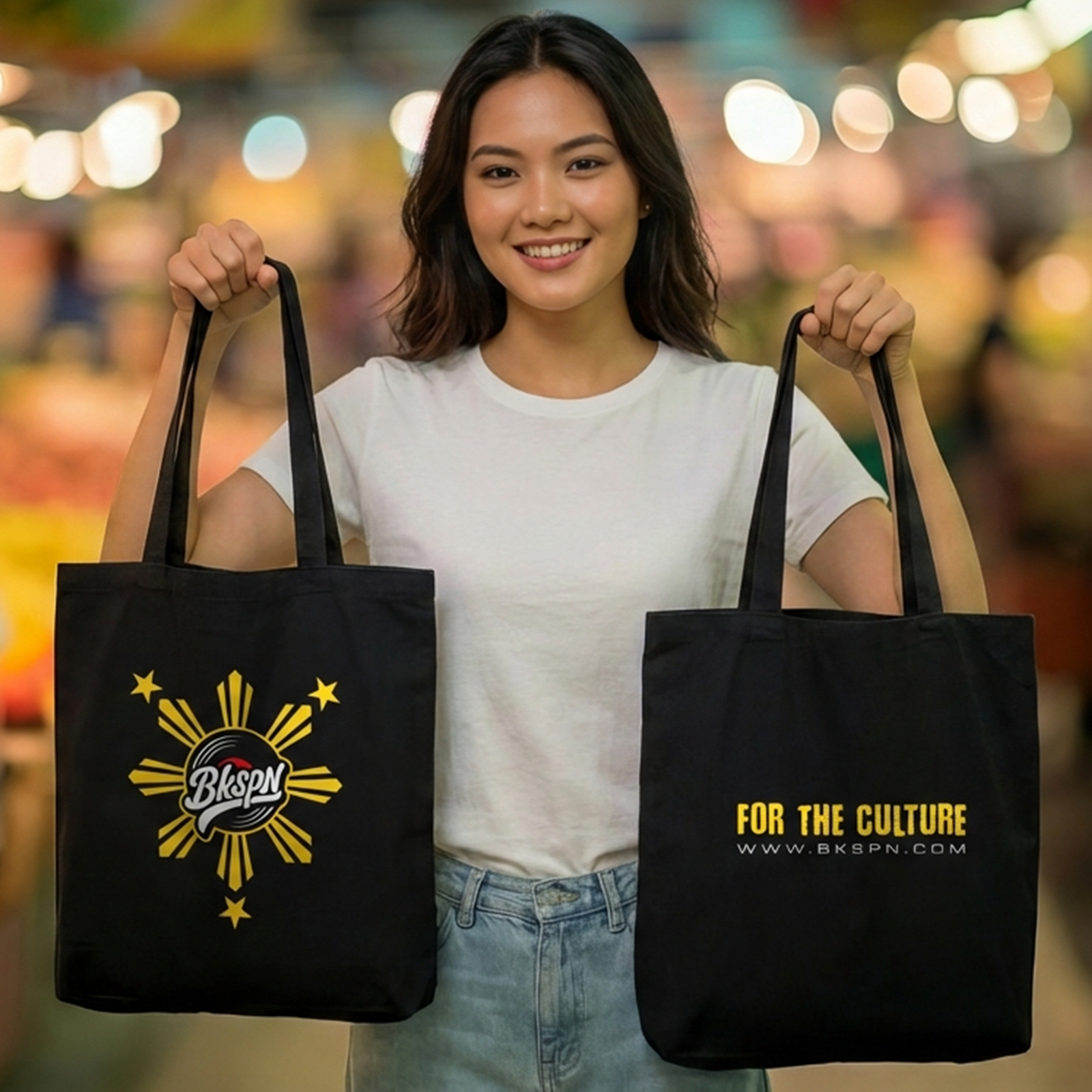 Black BKSPN Filipino pride tote bag with sun and star logo and For the Culture text.