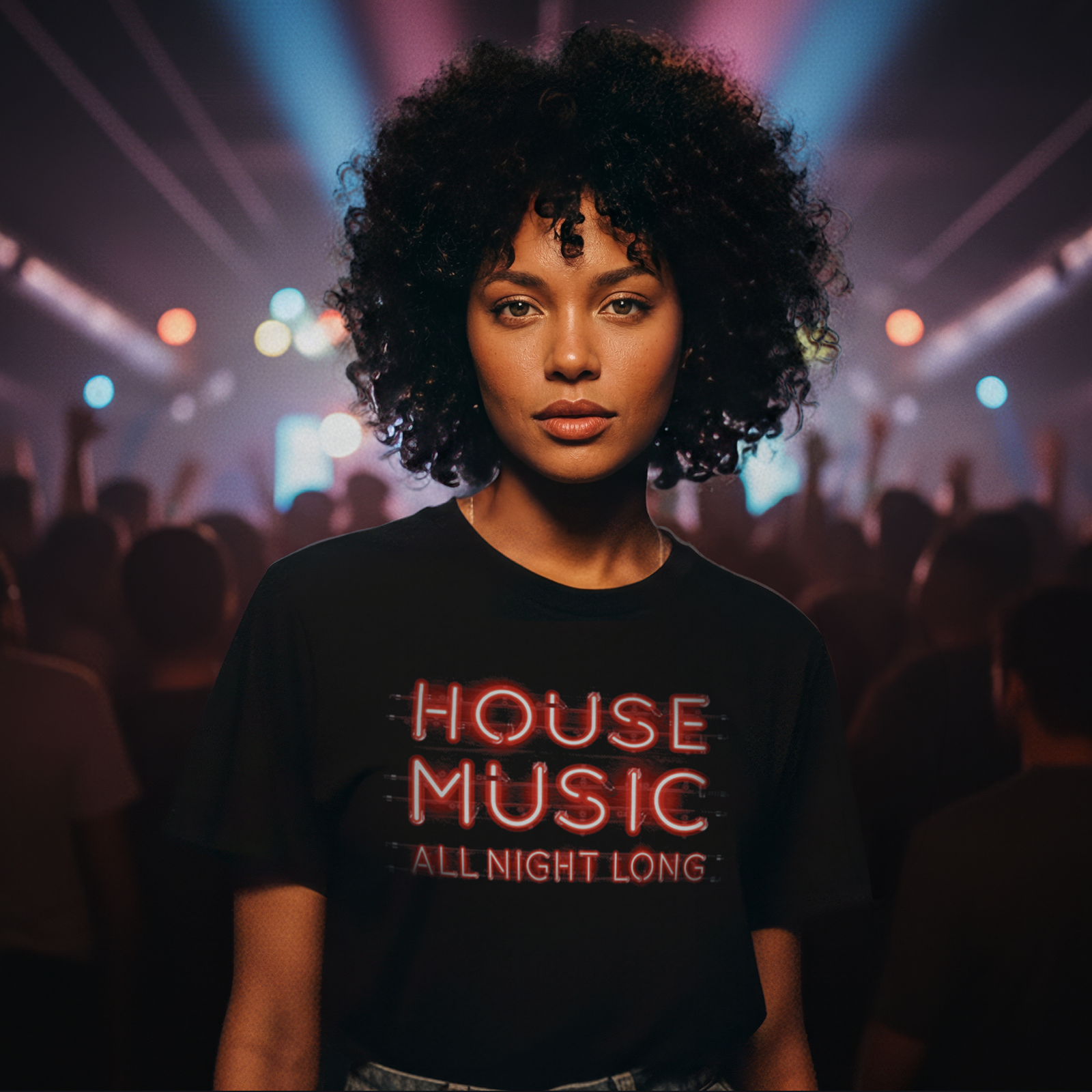 House Music All Night Long Neon Text T-Shirt in Black (Unisex)