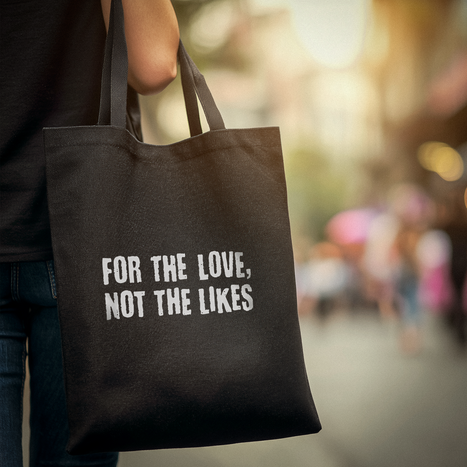Black DJ tote bag with For the Love Not the Likes text and BKSPN record logo.