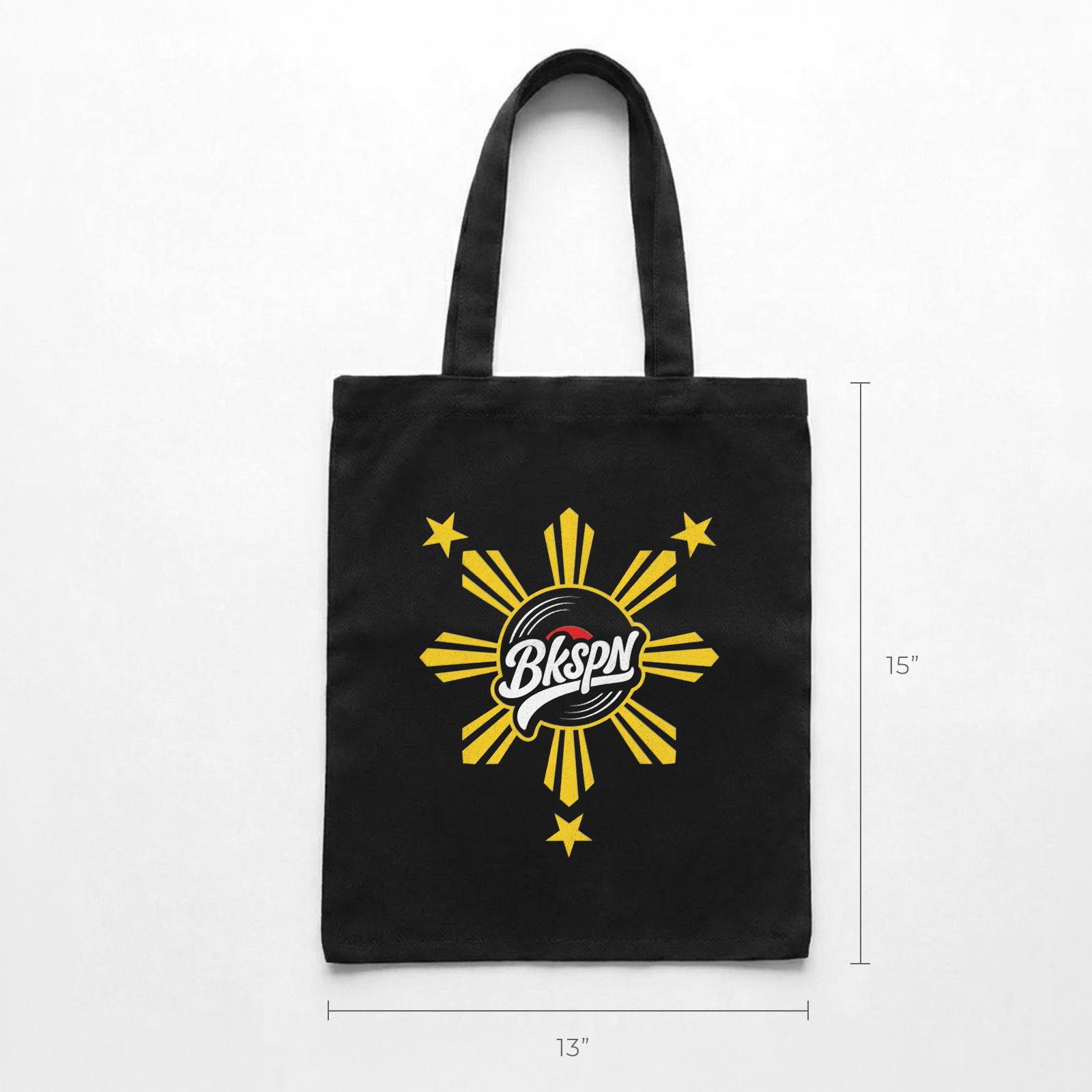 Sizing for black BKSPN Filipino pride tote bag with sun and star logo and For the Culture text.