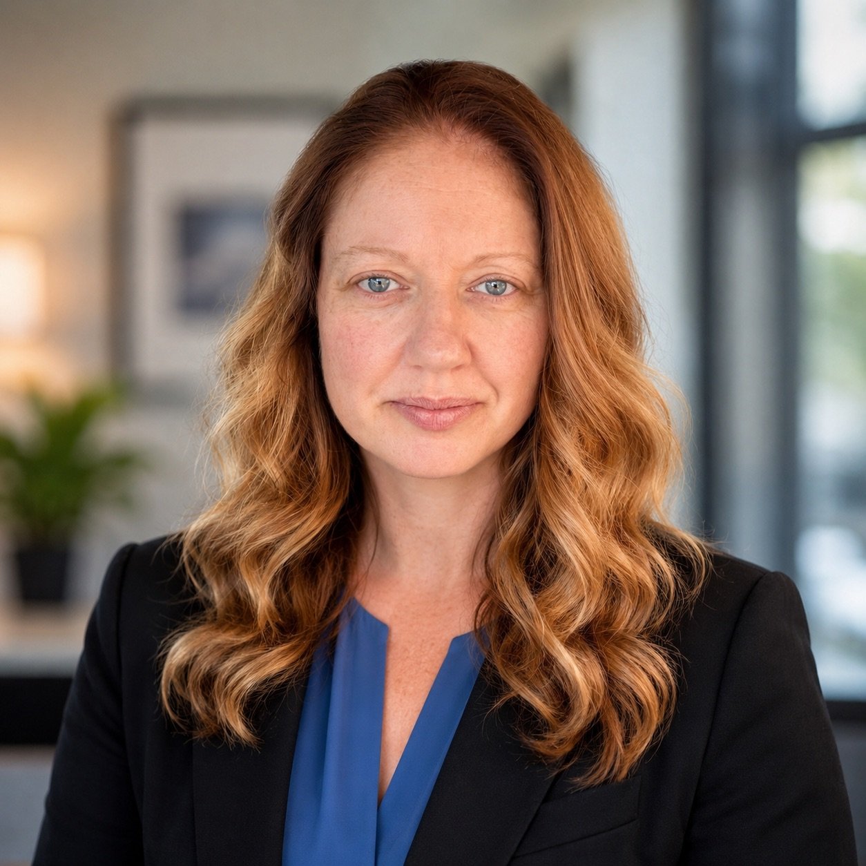 A woman with red hair and blue eyes, wearing a black blazer and blue blouse, in an office setting.