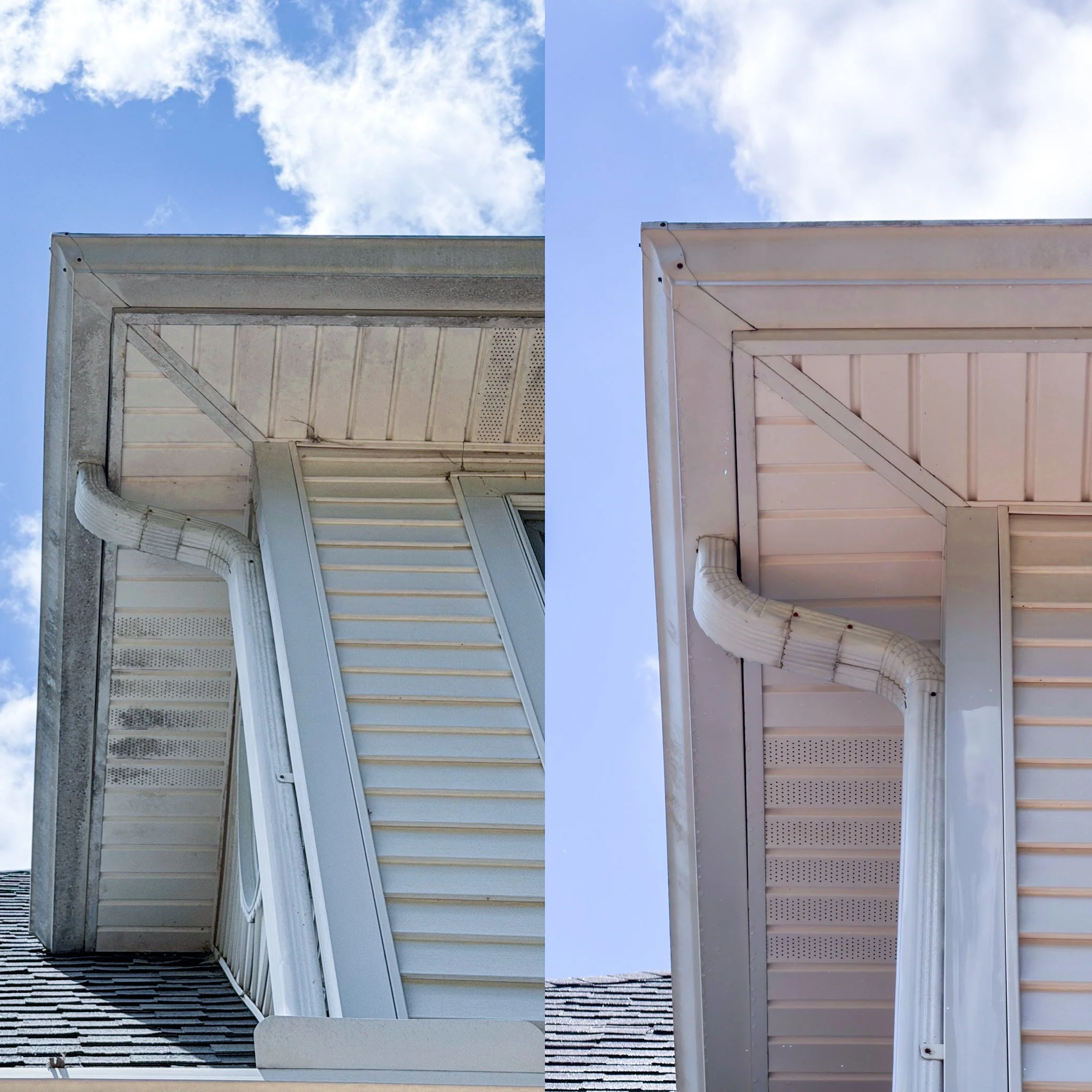 Before and after of vinyl siding and gutter cleaning.