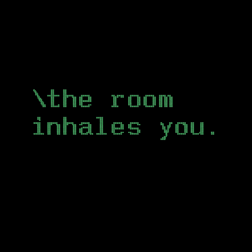 Digital black screen with green text that says "the room inhales you."