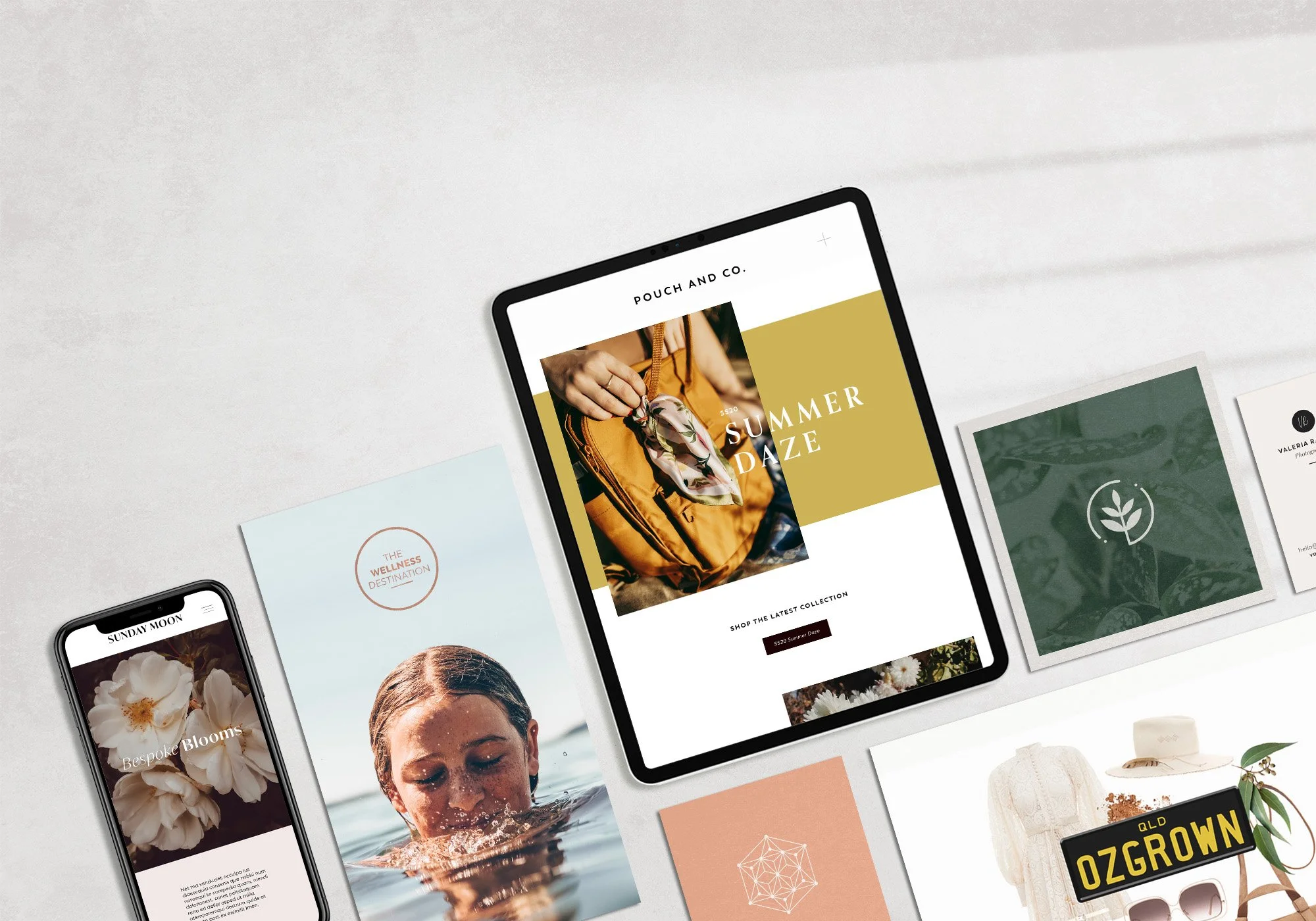 Selection of branding and website design work displayed across digital and print formats