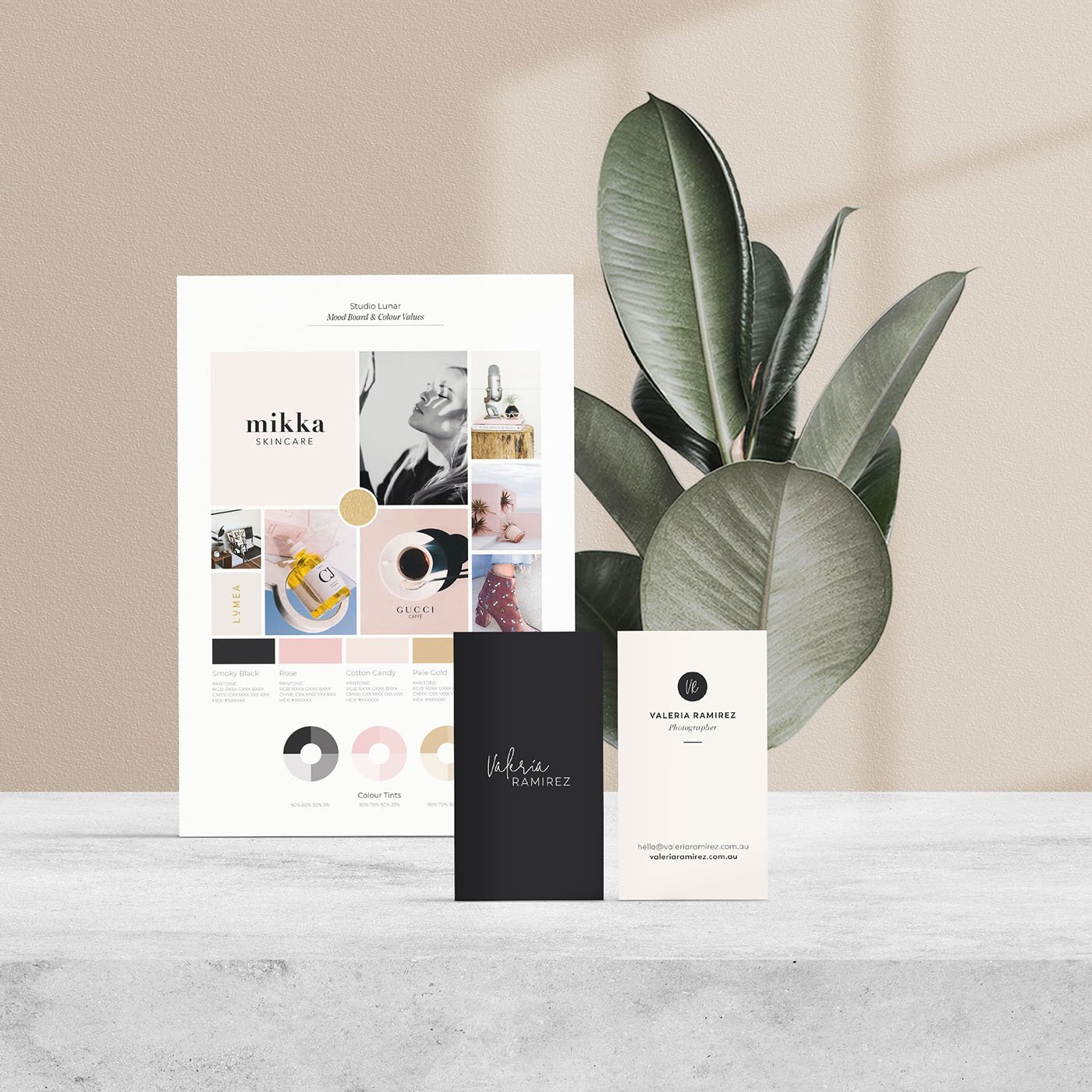 Moodboard, logo, and business card design for photographer Valeria Ramirez