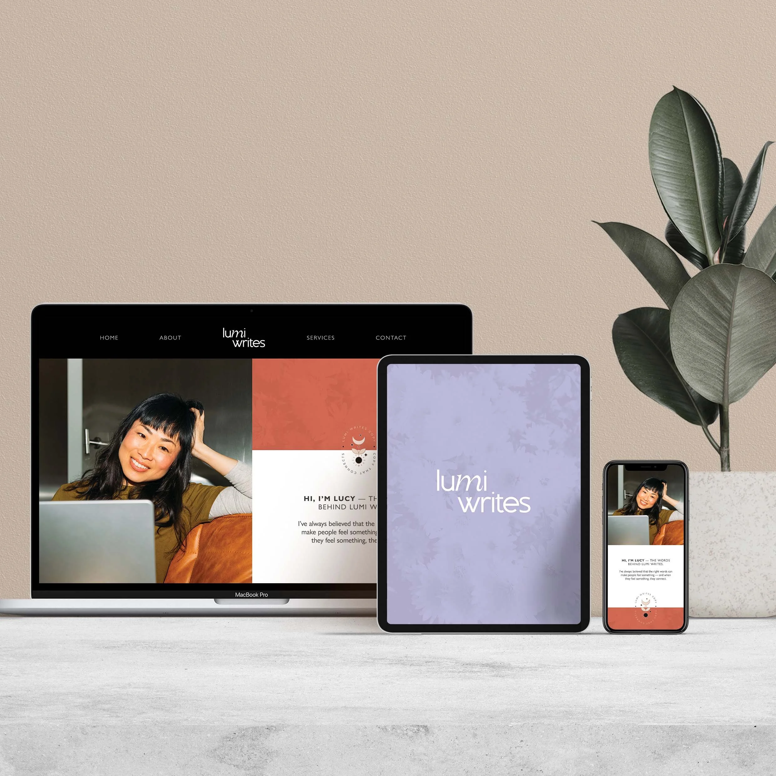 Website design for Lumi Writes copywriting business displayed across desktop, tablet, and mobile devices.