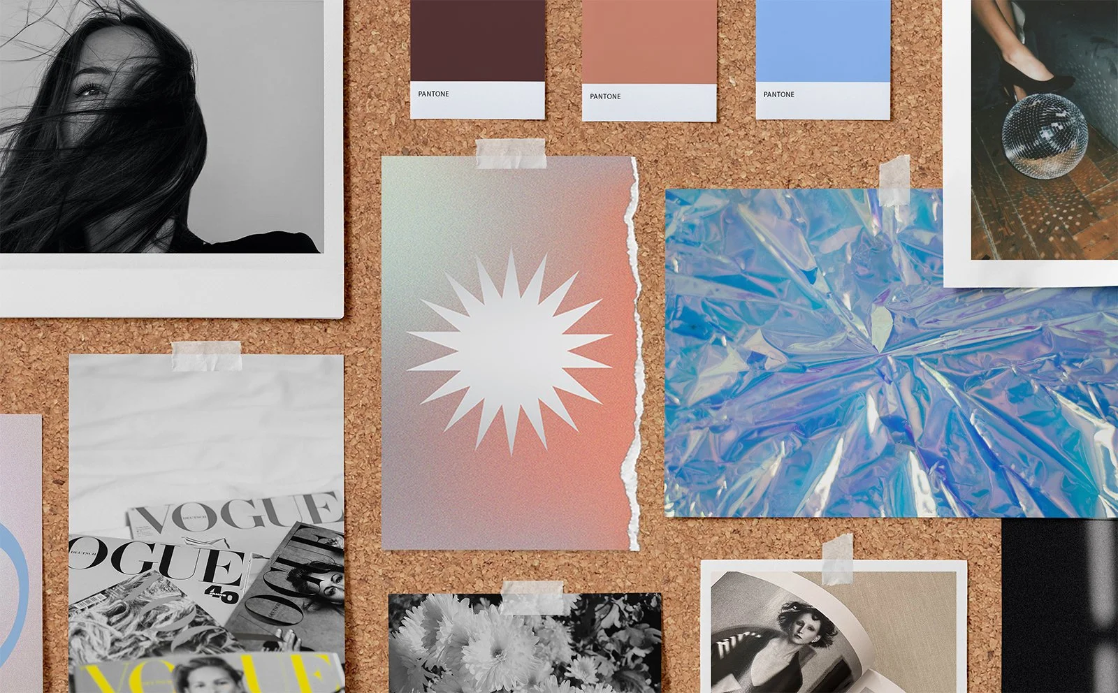 Brand design moodboard with colour swatches, textures, and editorial imagery.
