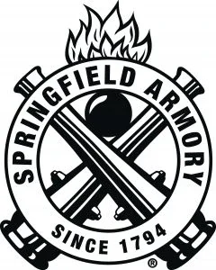 Springfield Armory logo with crossed rifles, a cannonball, and flames, featuring the text 'Springfield Armory Since 1794'.