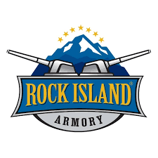 Logo for Rock Island Armory featuring a mountain with stars above, a banner with the brand name, and two rifles crossed behind.