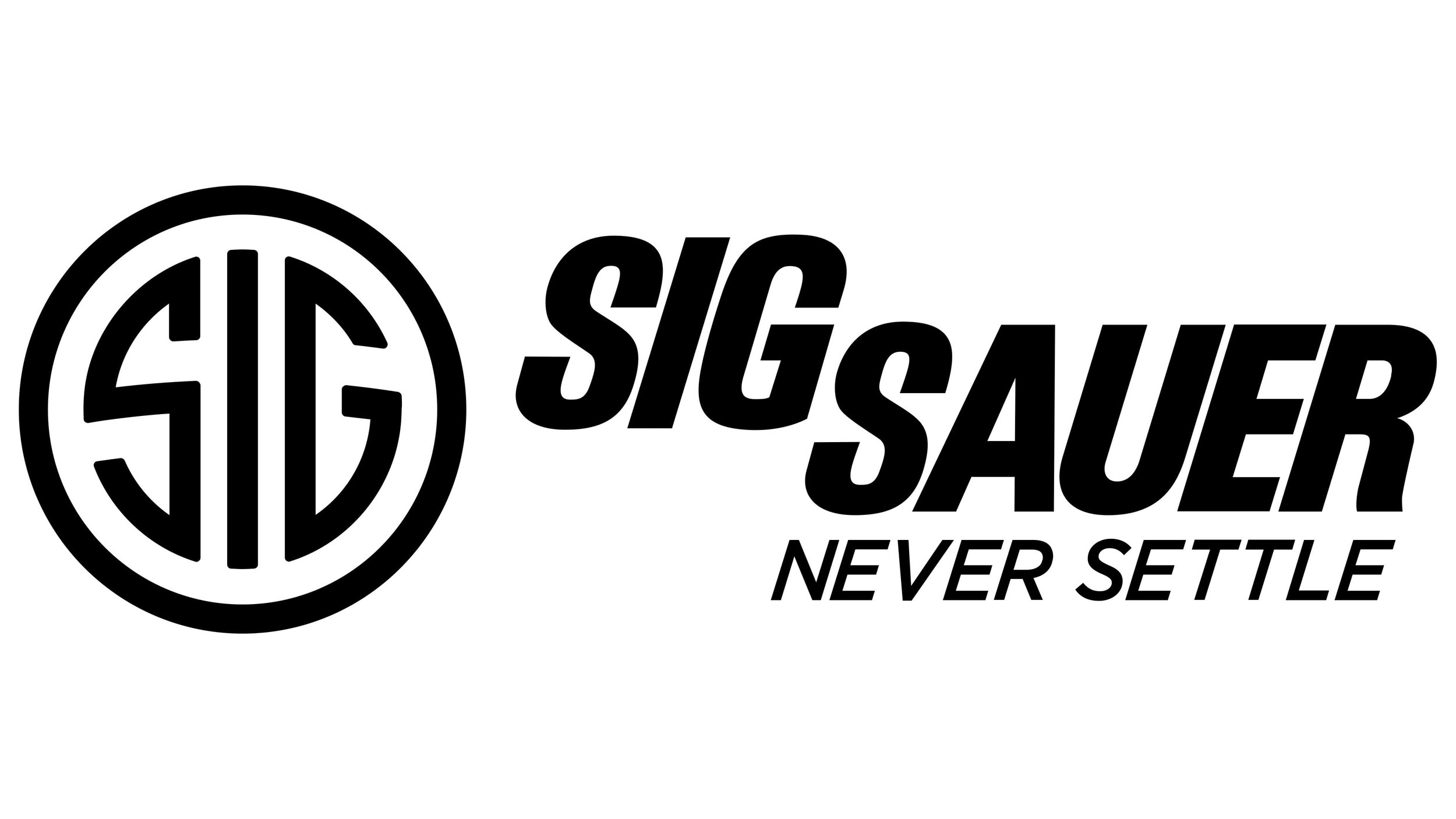 Black and white logo of SIG Sauer with the phrase 'Never Settle' underneath.