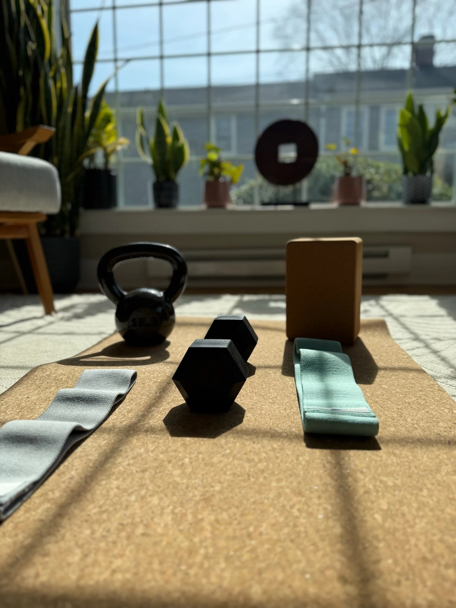 Home workout equipment on a cork yoga mat, including resistance bands, a kettlebell, dumbbells, and a wooden block. There are potted plants on the windowsill in the background.