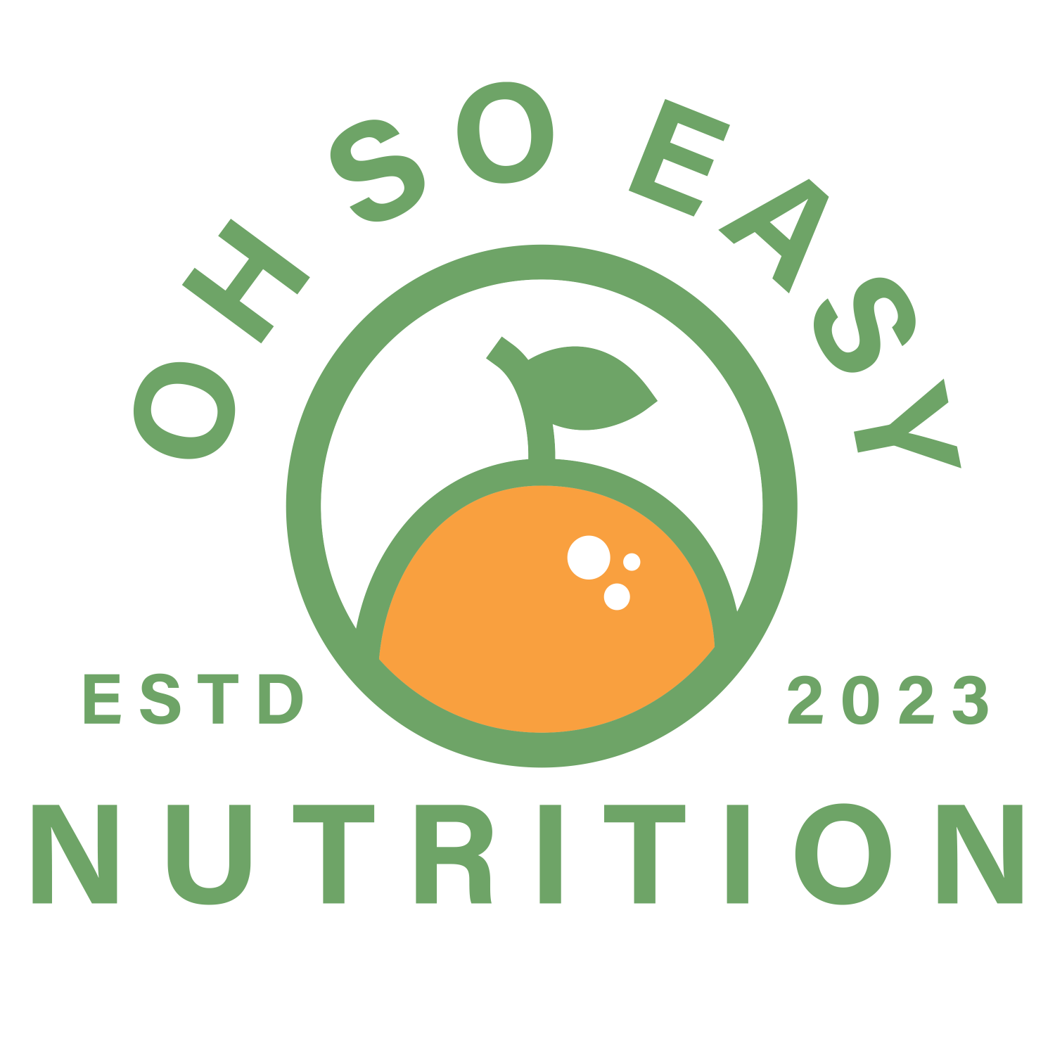 Logo for 'Ohoh So Easy Nutrition' featuring a stylized orange with a green leaf and the brand name, established in 2023.