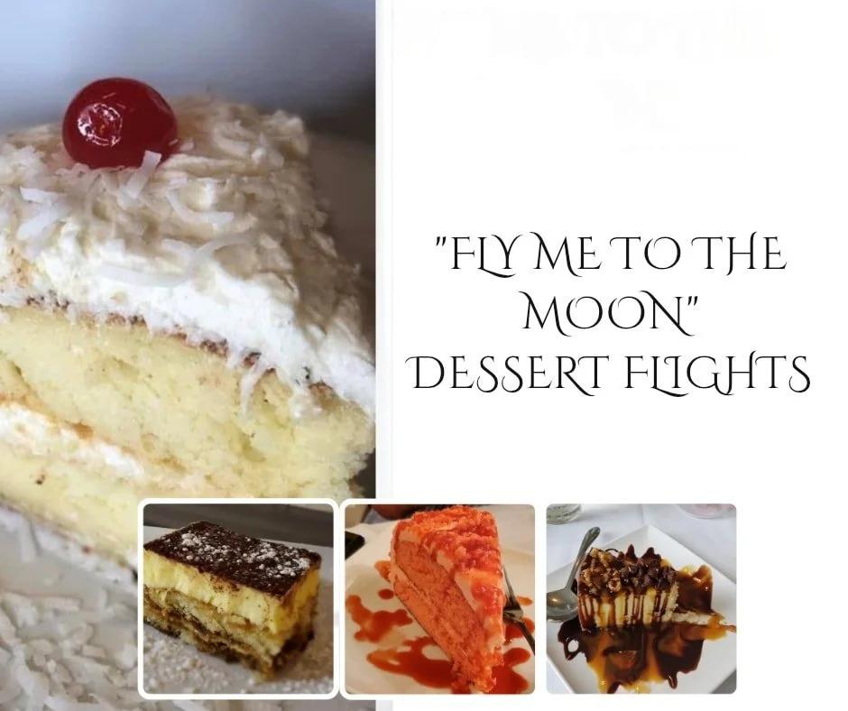 A slice of white cake with coconut shavings and a cherry on top, along with three other desserts: a layered cake with chocolate topping, a bright pink cake slice with orange syrup, and a chocolate and caramel dessert with a whipped topping.