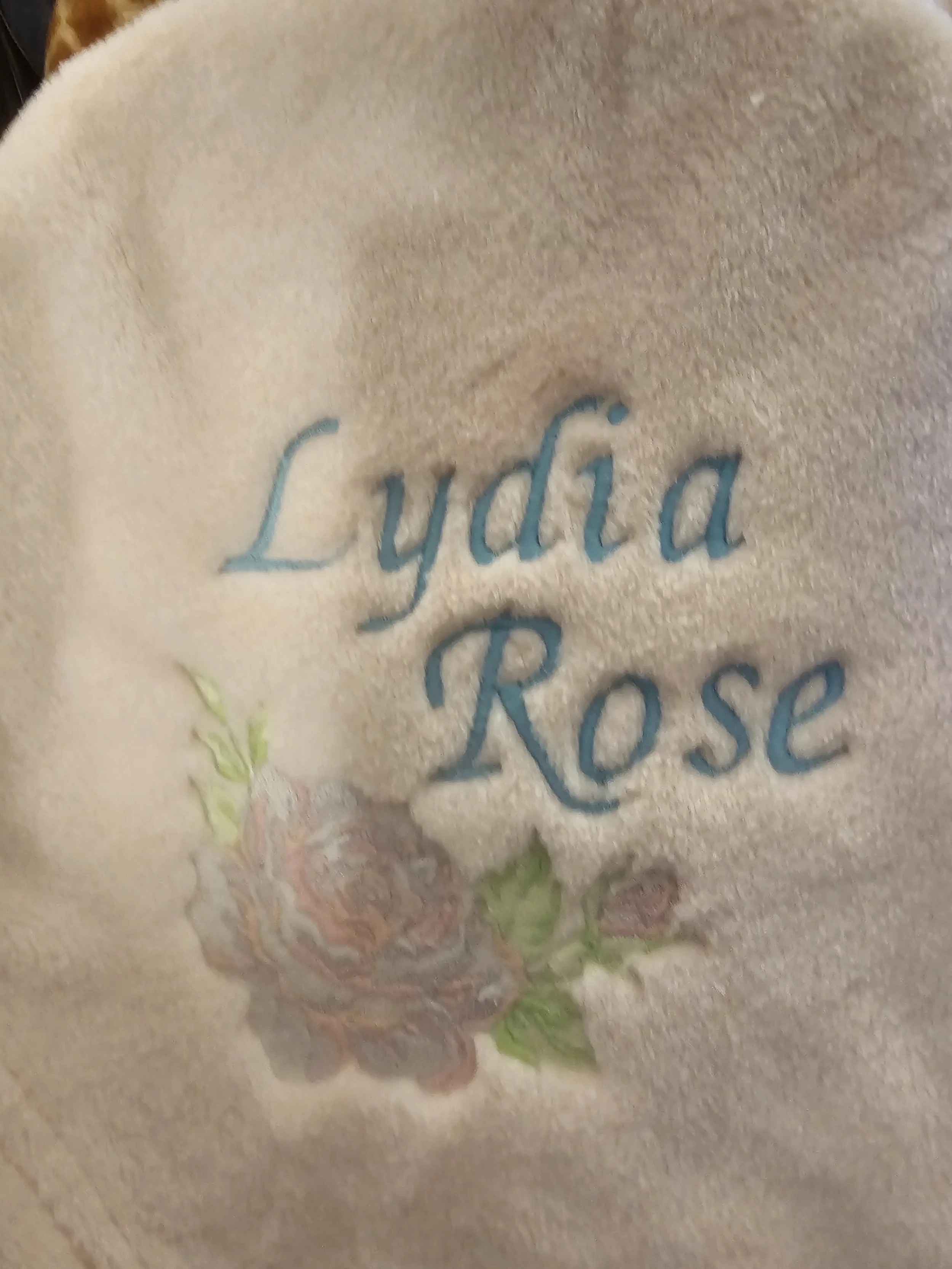 Close-up of a beige fabric with embroidered text 'Lydia Rose' in blue and a rose flower design below.