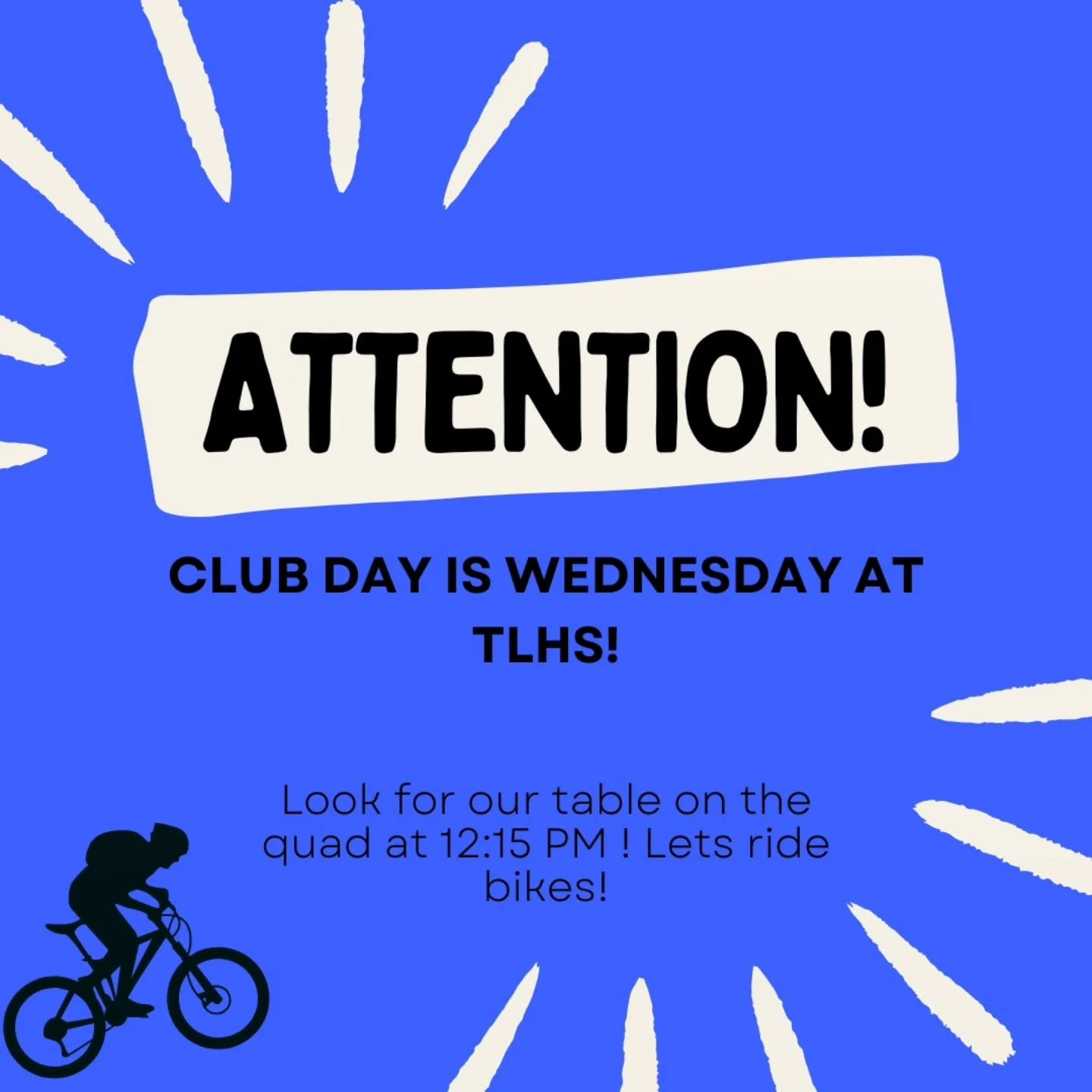 Hey there TLHS kids! Our club will be at CLUB RUSH this Wednesday,  swing by , ask questions,  and sign up!

#moregirlsonbikes 
#morekidsonbikes