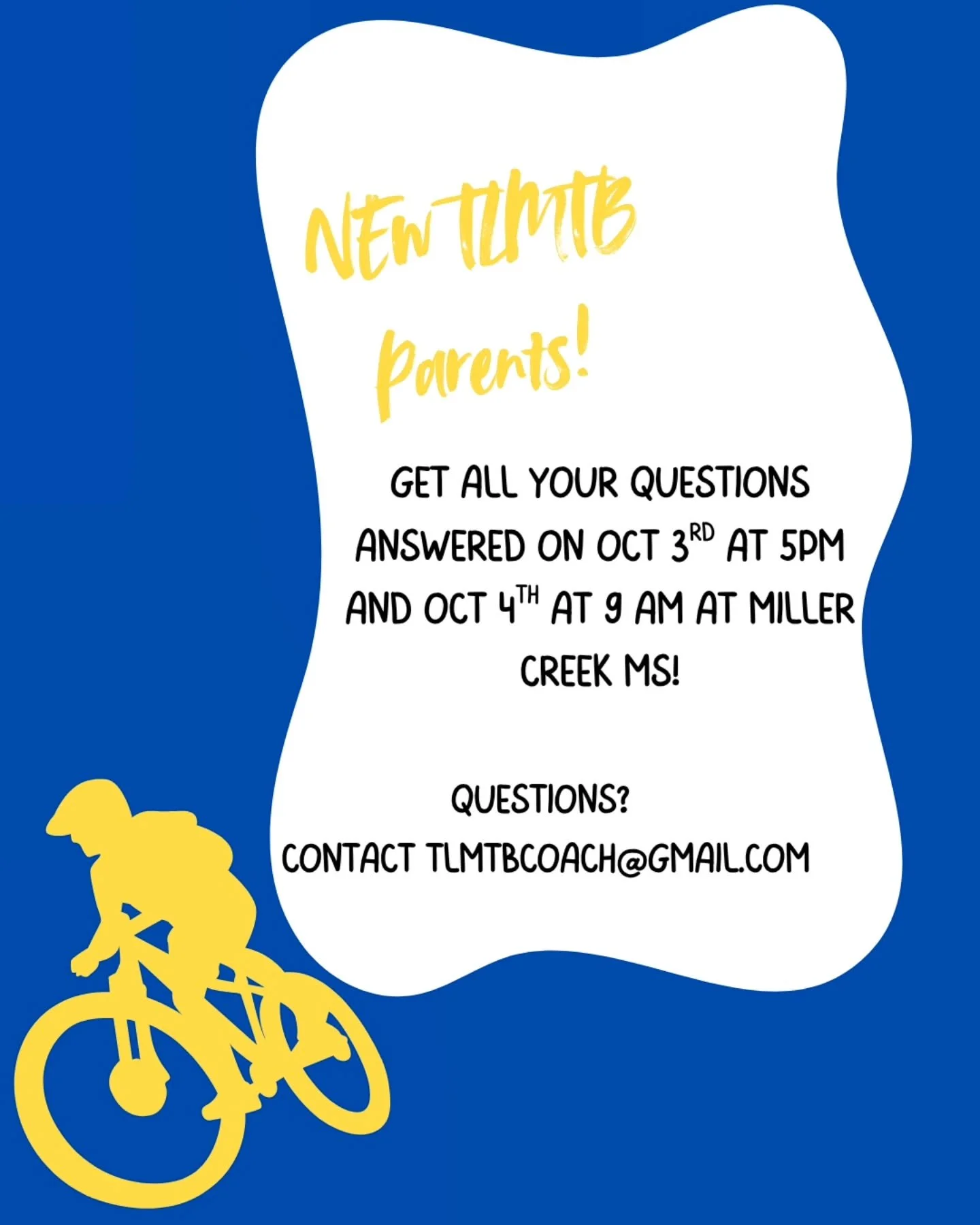 New TLMTB parents! We will have two parent meetings JUST FOR YOU on Friday, October 3rd at 5 pm,and Saturday,  October 4th at 9 am, both at Miller Creek near the front office. 

PLEASE BRING YOUR QUESTIONS!

#morekidsonbikes 
#moregirlsonbikes