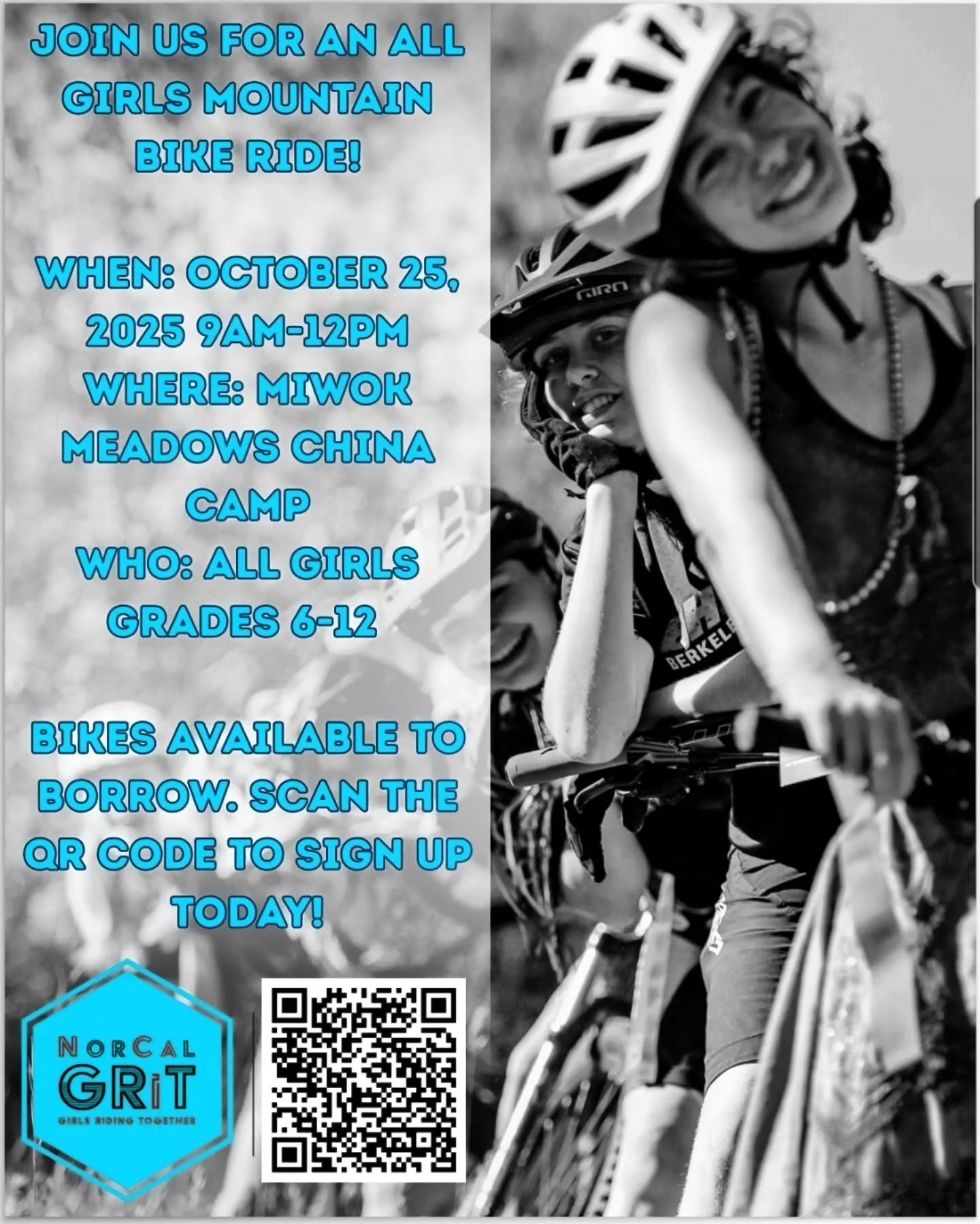 We are super  excited to take part in our county- wide GRIT ride on October 25th at China Camp!

We will have bikes available to try out, fun games, rad trails, and snacks!

Register at the link on the flyer, and let's get #moregirlsonbikes this seas