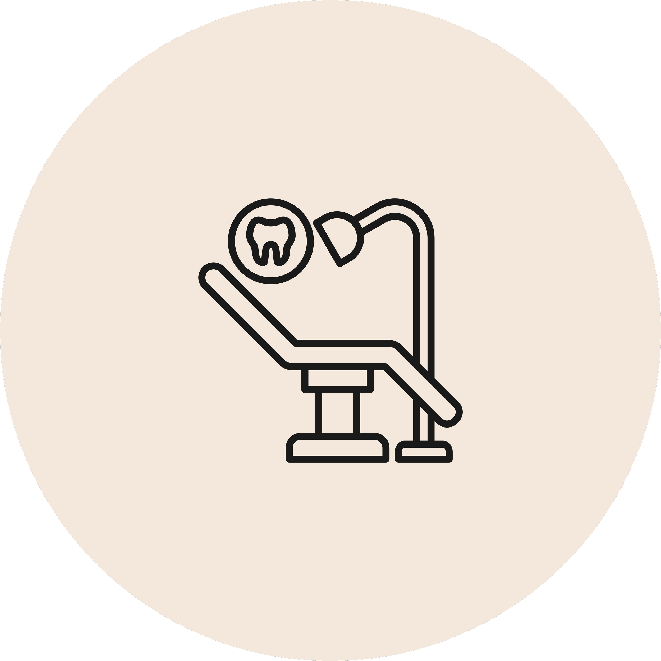 Minimalist black outline of a dental mirror and toothbrush on a beige circular background.
