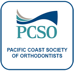 Logo of the Pacific Coast Society of Orthodontists featuring blue and gray wave design and text.