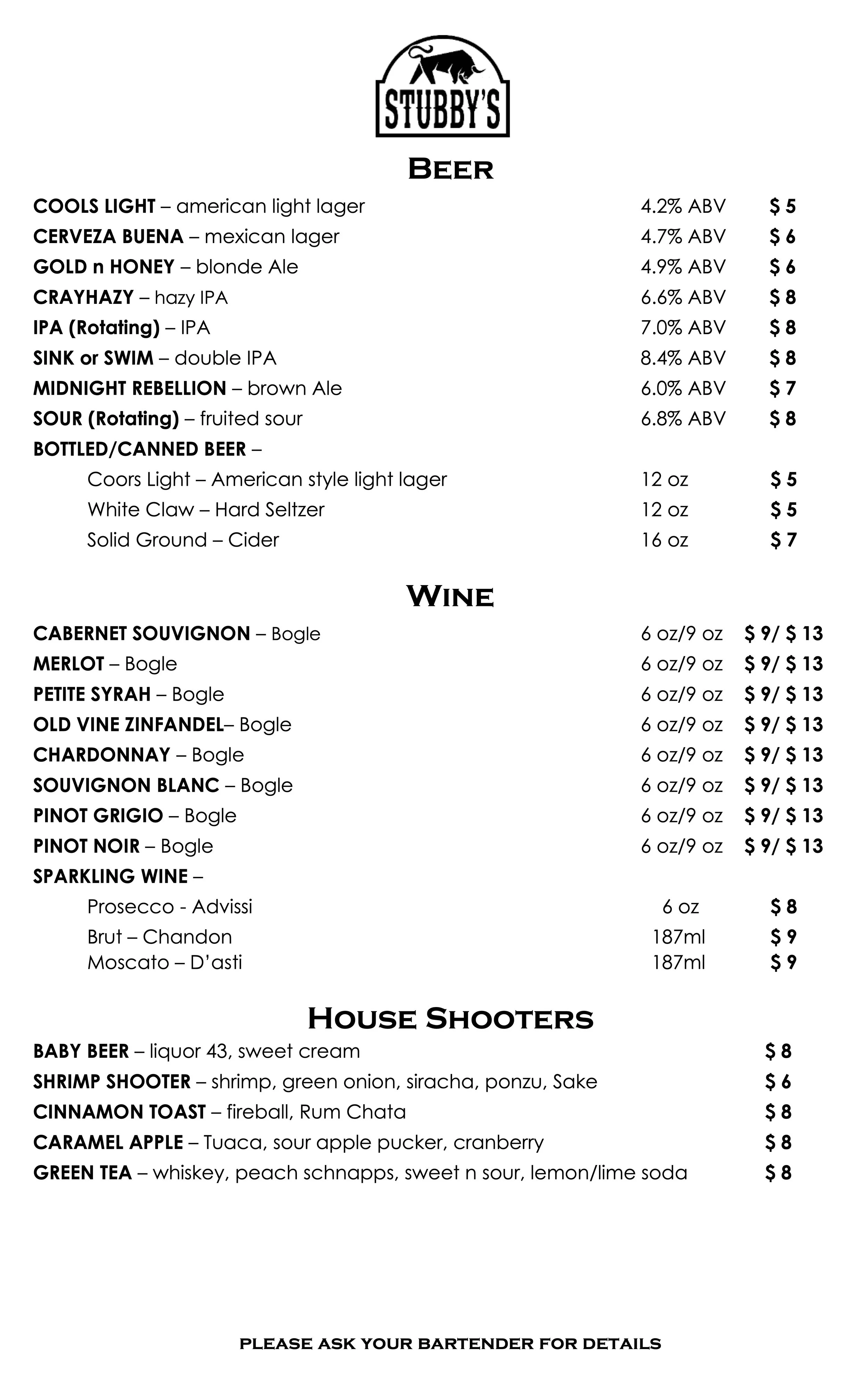 Menu from Stubby's bar listing beers, wines, and house shooters with prices and descriptions.