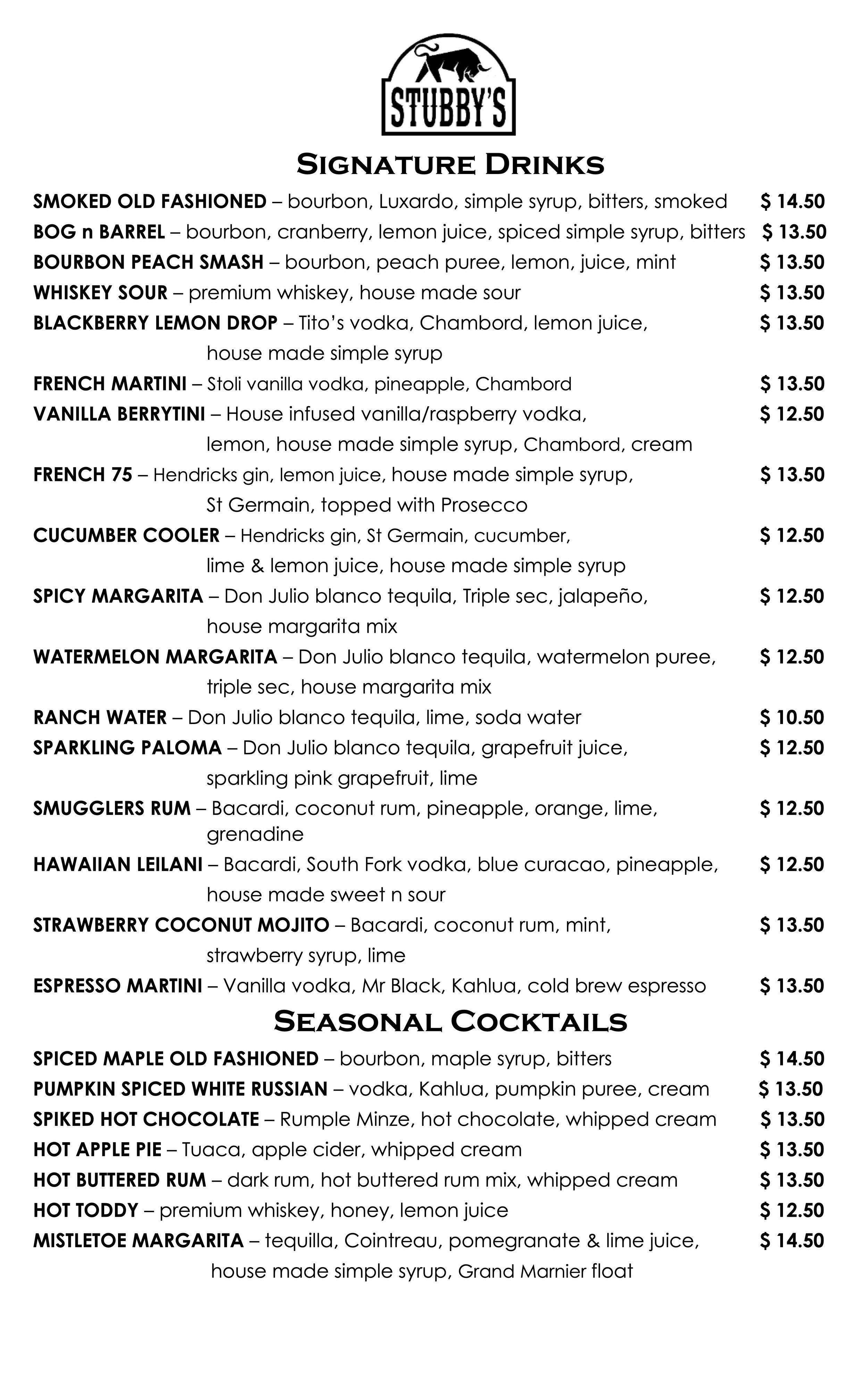 Drink menu with signature cocktails and seasonal cocktails, listing names, ingredients, and prices.
