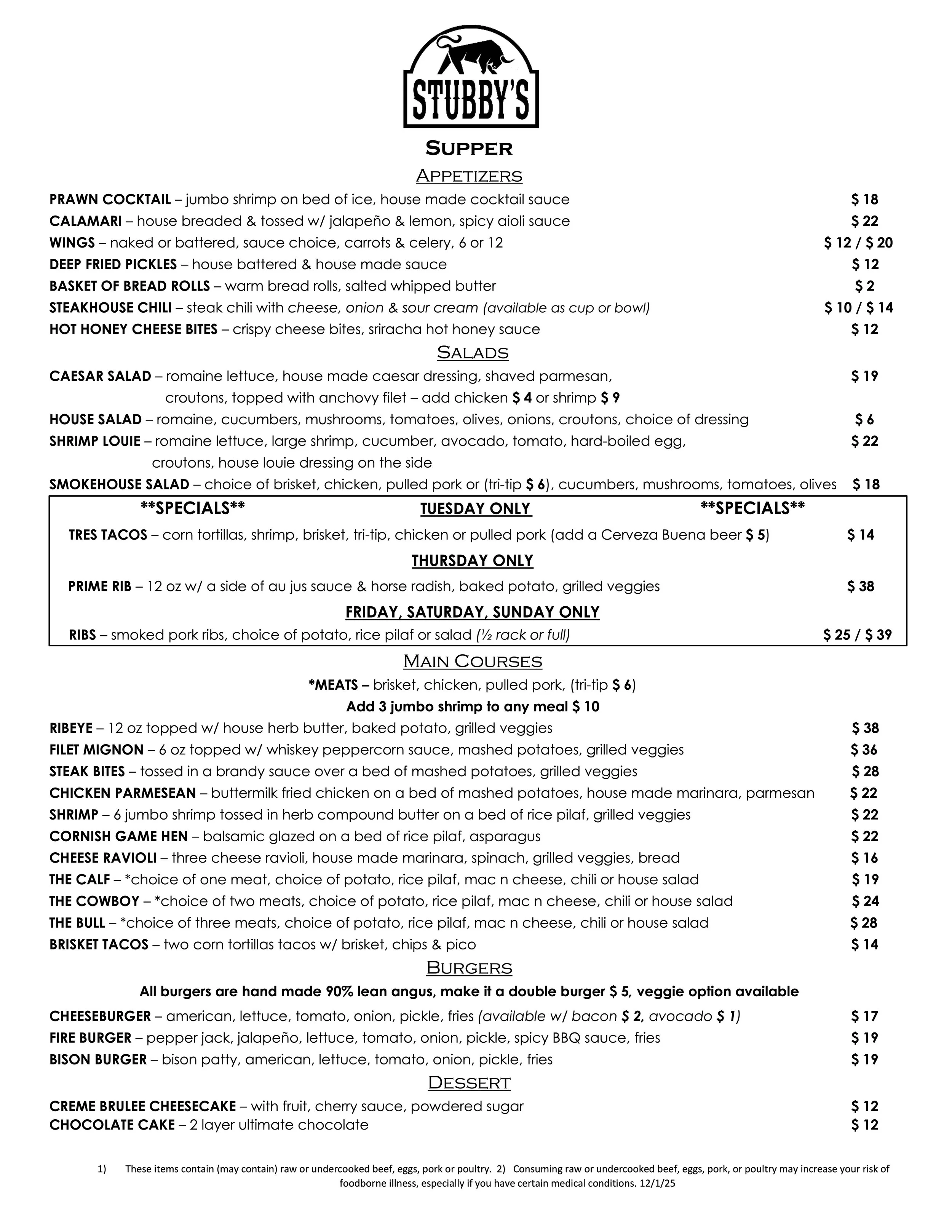 Menu from Stubby's featuring appetizers, salads, daily specials, main courses, burgers, and desserts.