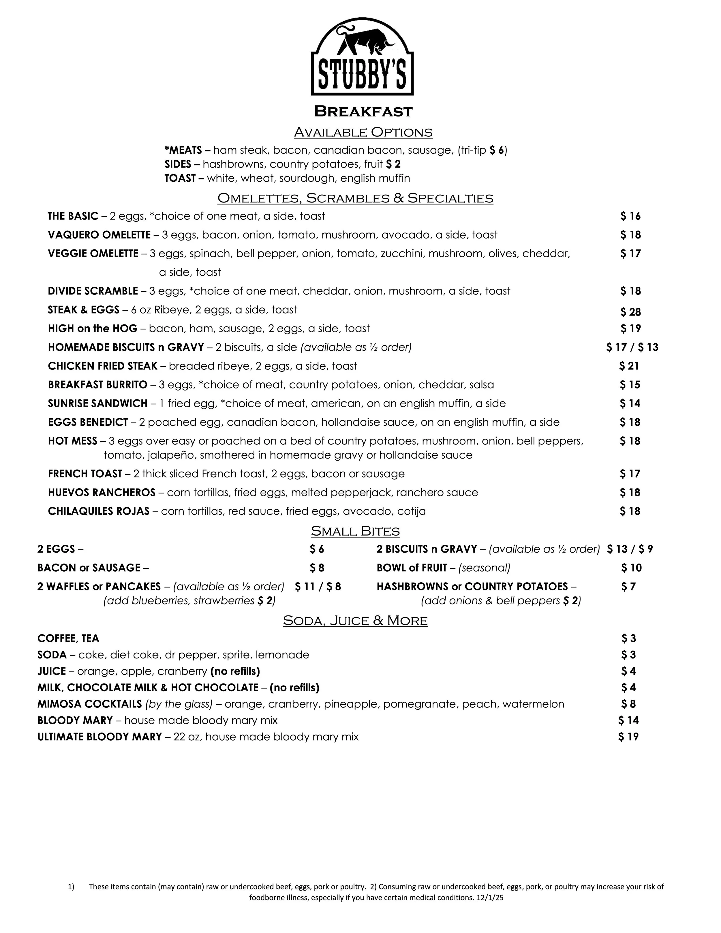Menu for Stubby's Breakfast with options for meats, sides, toast, omelettes, scrambles, specialities, small bites, and beverages.
