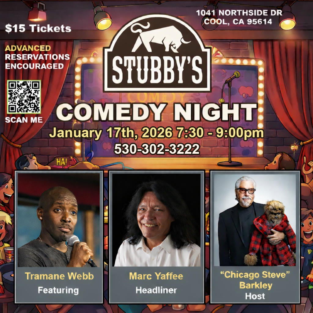 Event poster for Stubby's Comedy Night at 1041 Northside Drive, Cool, California, on January 17th, 2026, from 7:30 to 9:00 pm. Tickets cost $15. Features comedian Tramane Webb, headliner Marc Yaffee, and host Chicago Steve Barkley. The poster has images of the three performers below the event information, with a comedy stage background and a QR code on the left side.