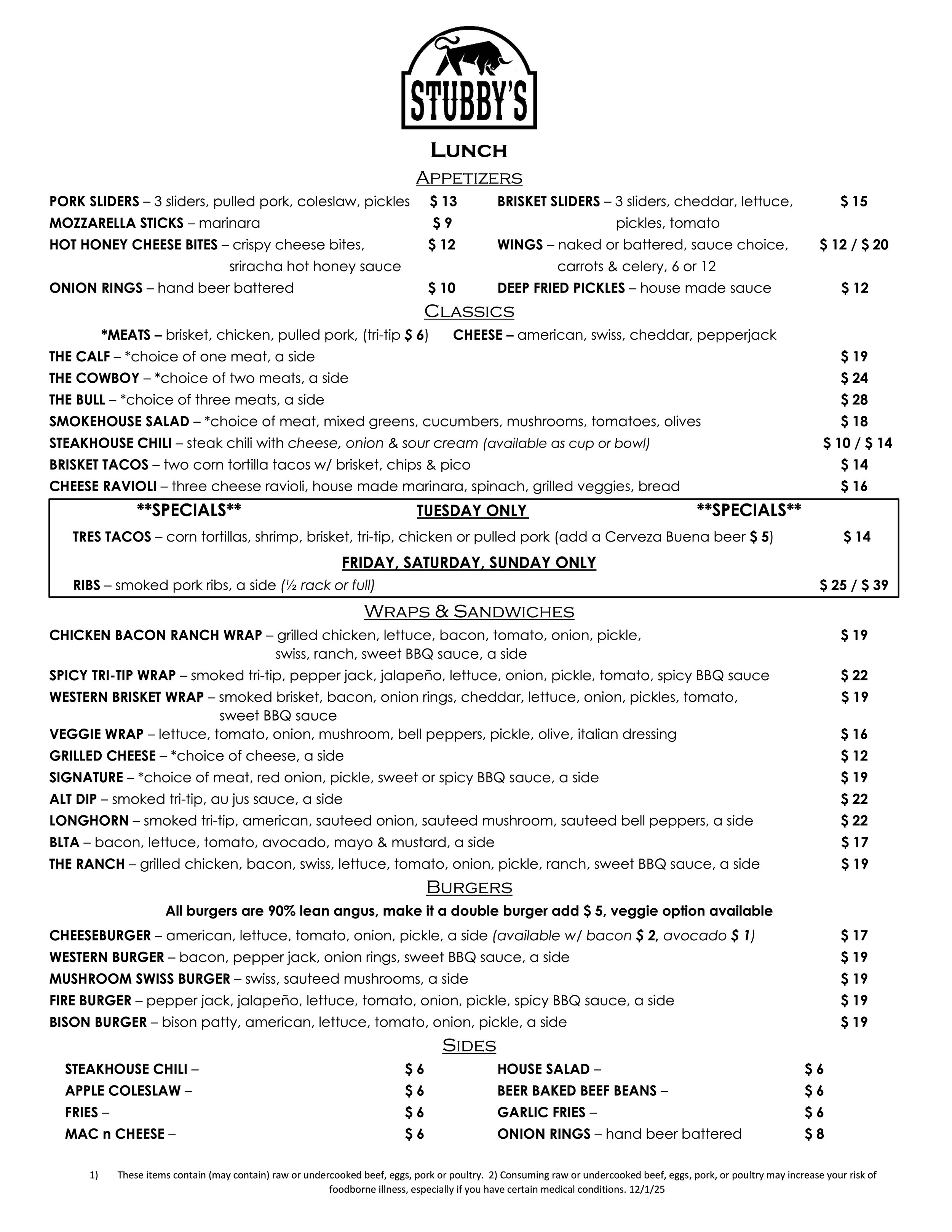 Menu from Stubby's restaurant with appetizers, classics, wraps, sandwiches, burgers, and sides listed, including items like pork sliders, mozzarella sticks, hot honey cheese bites, onion rings, brisket sliders, wings, deep fried pickles, various meat