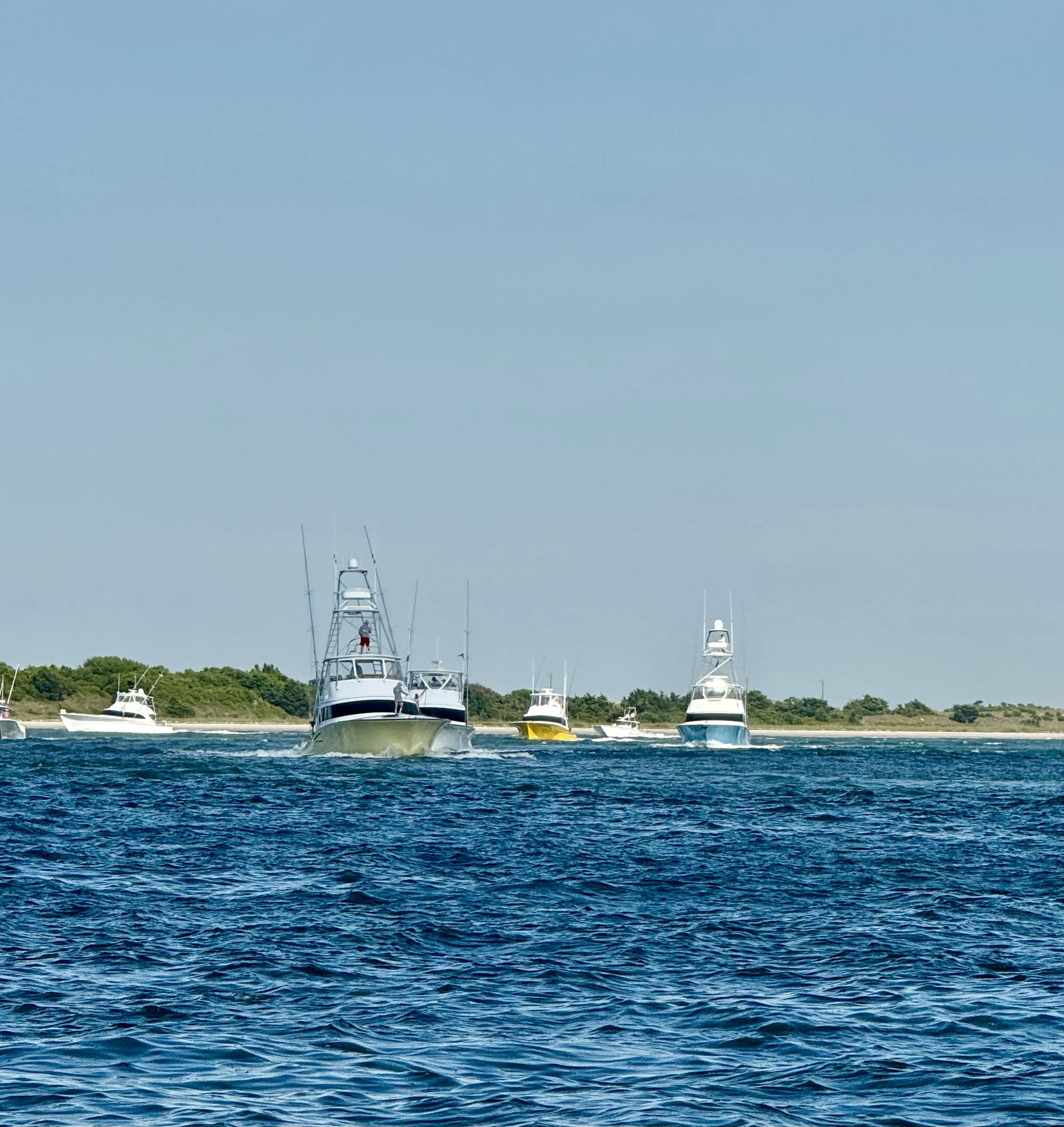 Several boats sailing on blue water near a coastline with green trees, under a clear blue sky. Big Rock Blue Marlin tournament Crystal Coast
