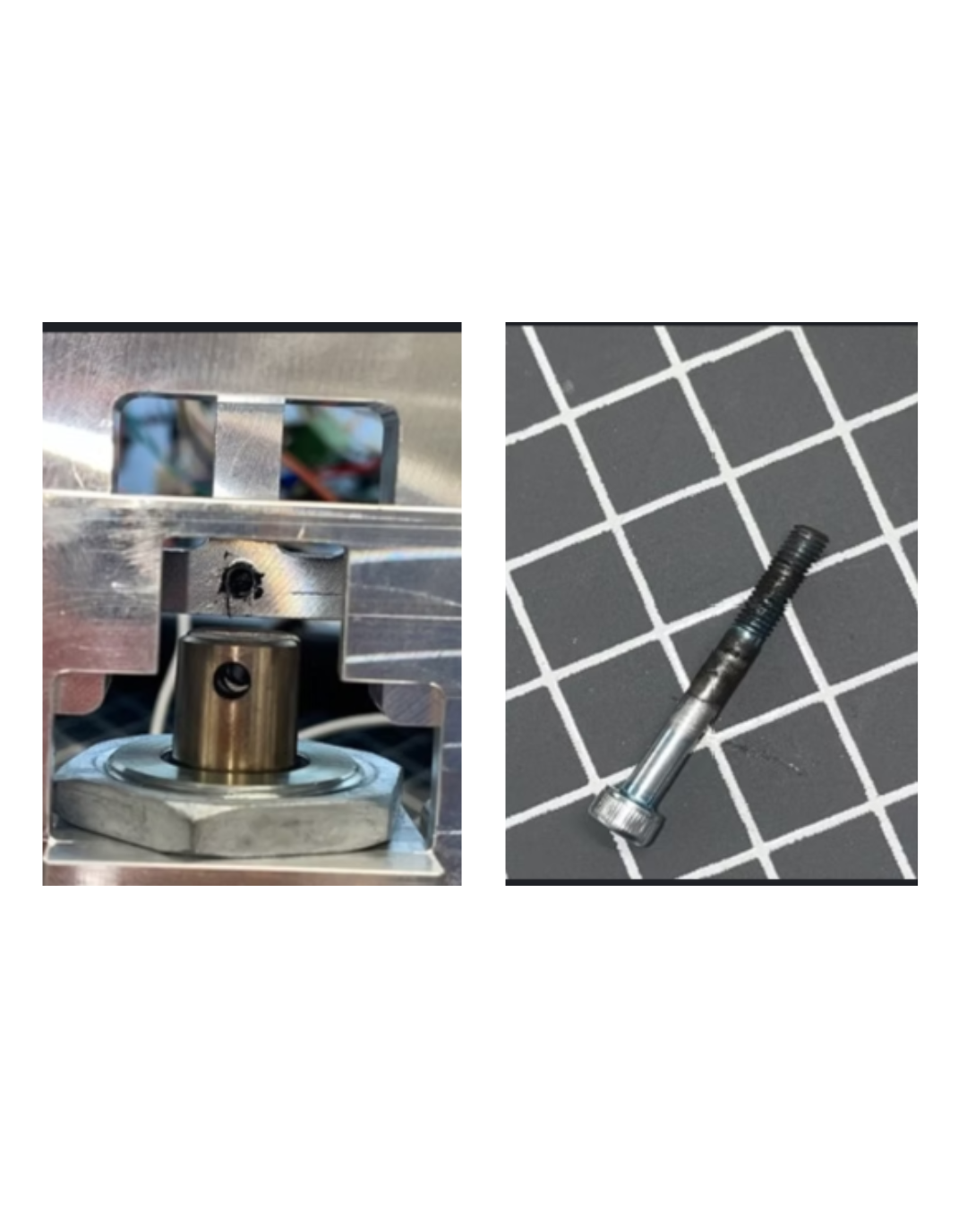 Before/after graphic showing failure due to shoulder bolt fatigue and the larger-pin solution.